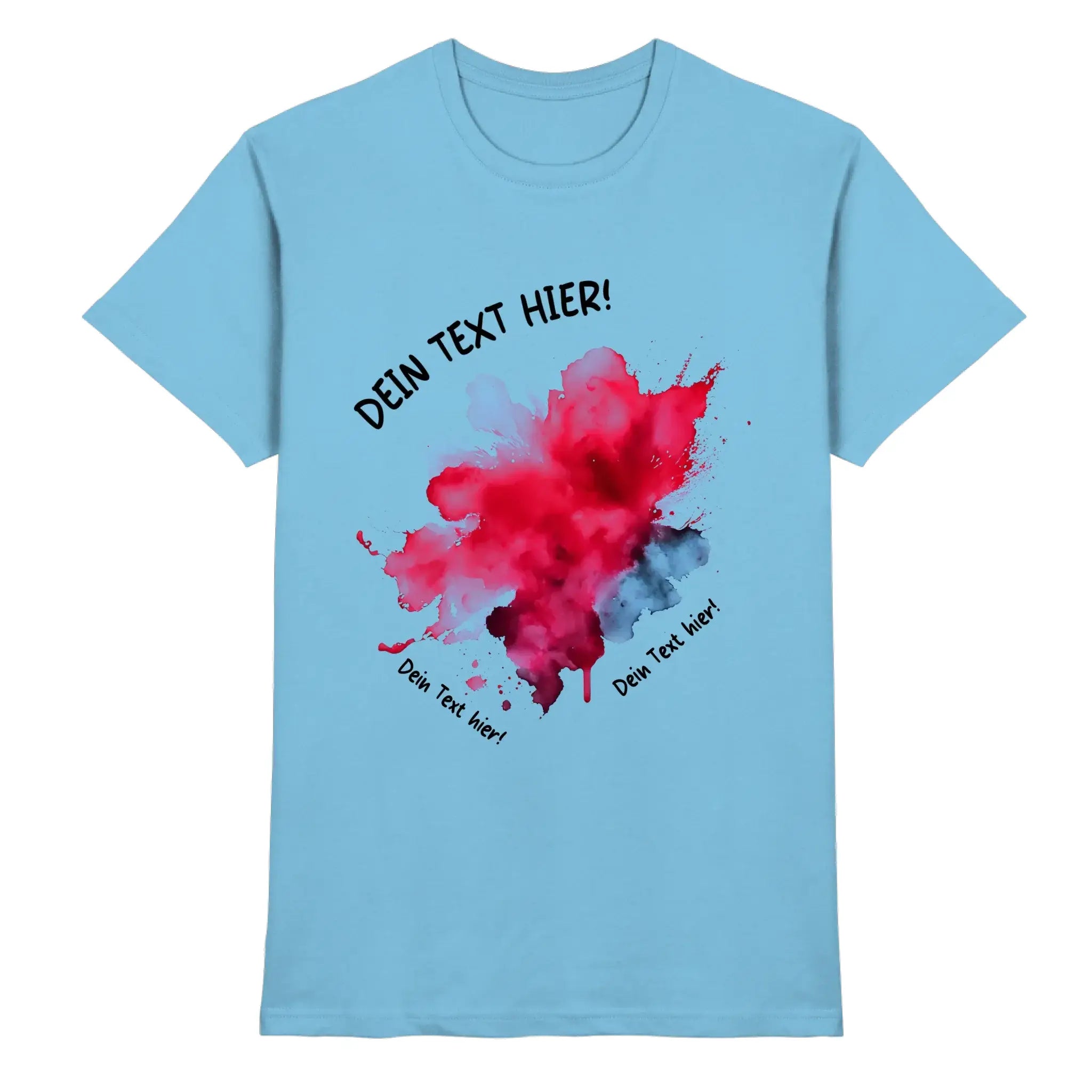 Lightblaues baumwollshirt mit rotem und grauem aquarellklecks und schwarzen textfeldern aus der statement collection