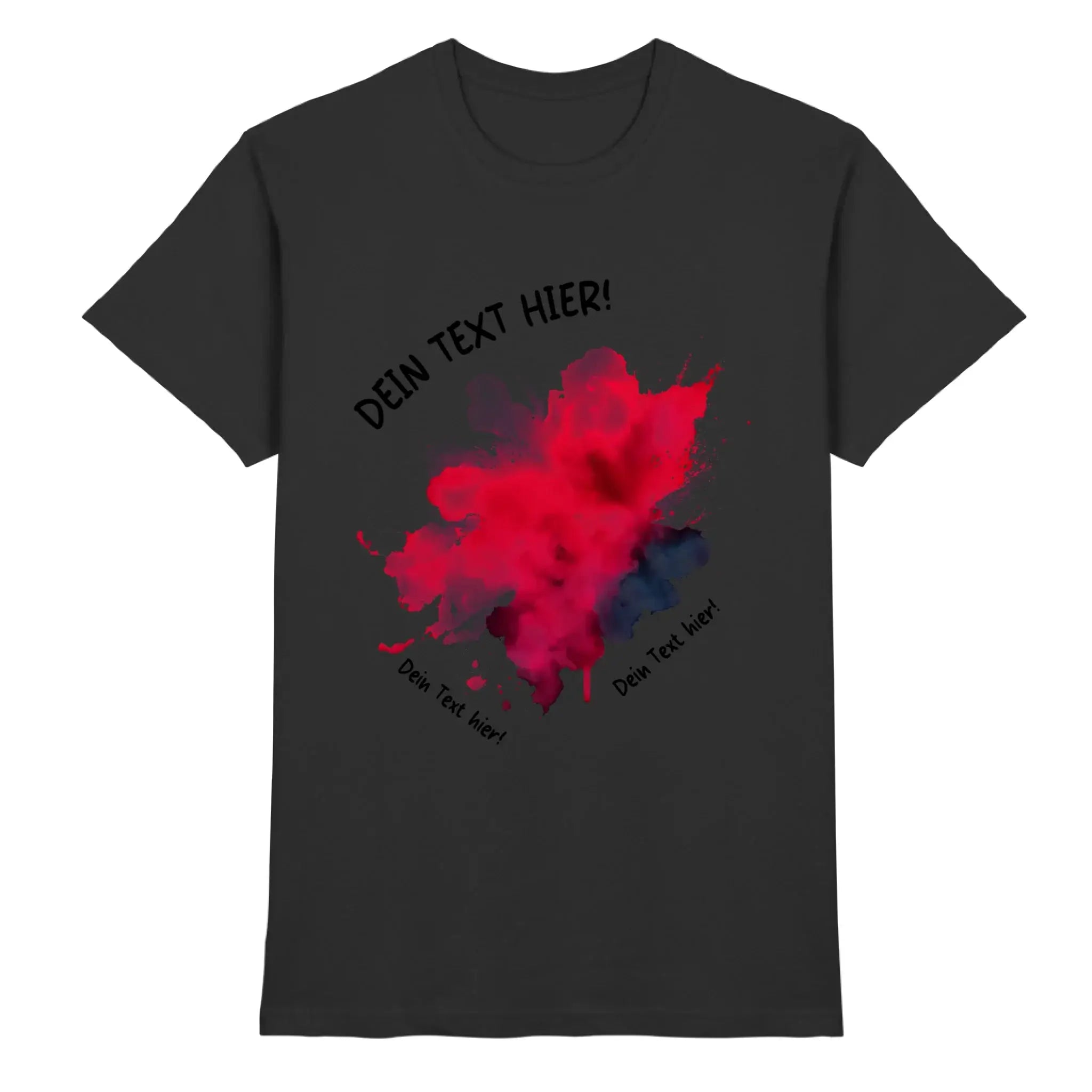 Dunkelgraues baumwoll tshirt mit rotem und blauem farbspritz grafik und anpassbarem schwarzem text