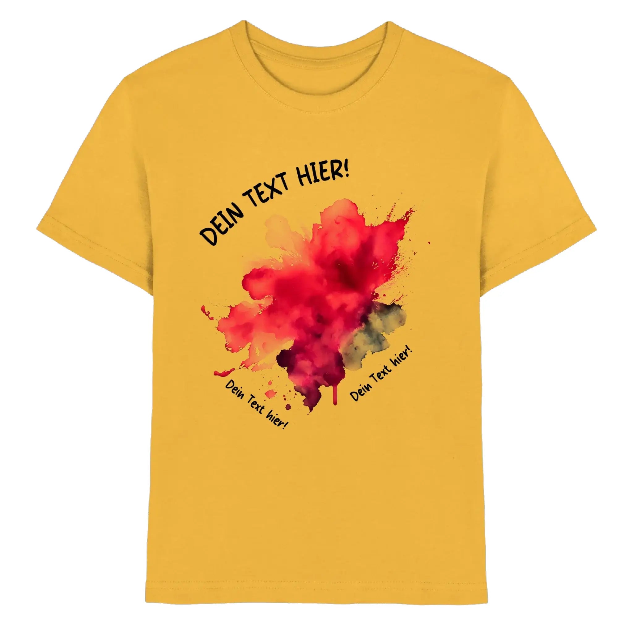 Leuchtendes gelbes kurzarmshirt mit rotem und schwarzem aquarellklecks design aus der art-klecks statement-collection