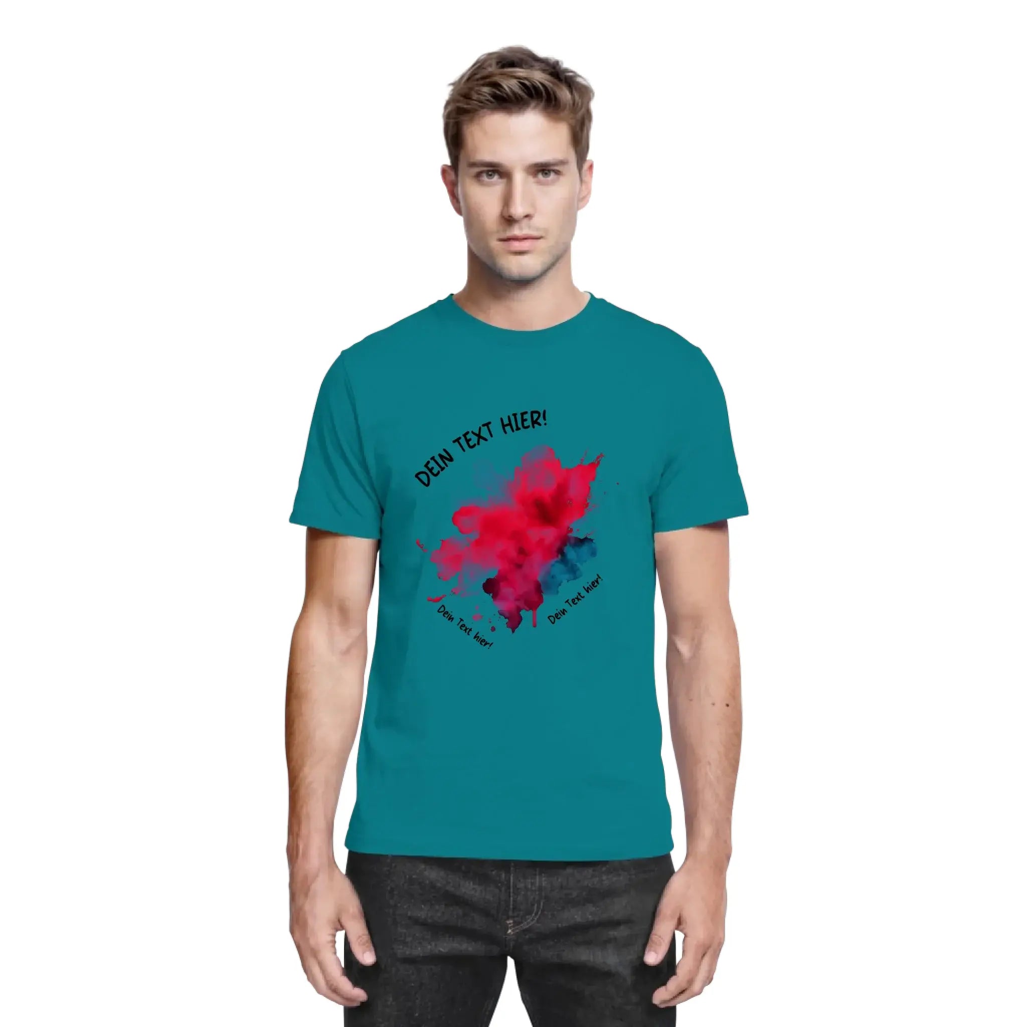 Tealfarbenes baumwoll tshirt mit lebendigem rot blauem paint splatter motiv und wunschtext aus der statement collection