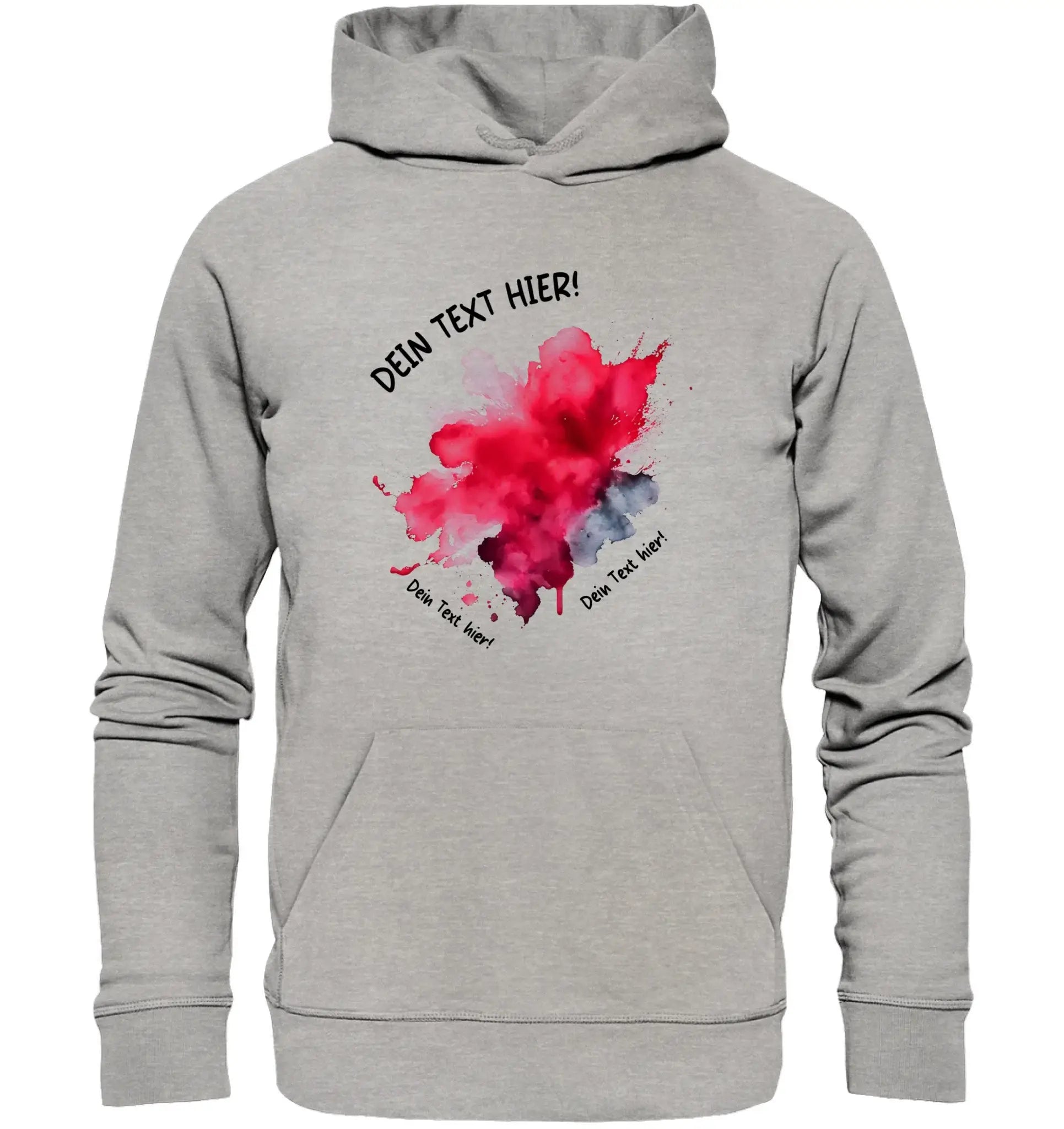 Graue hoodie mit lebendigem rot-blauem aquarellspritzer-design und anpassbarem wunschtext aus der statement-collection
