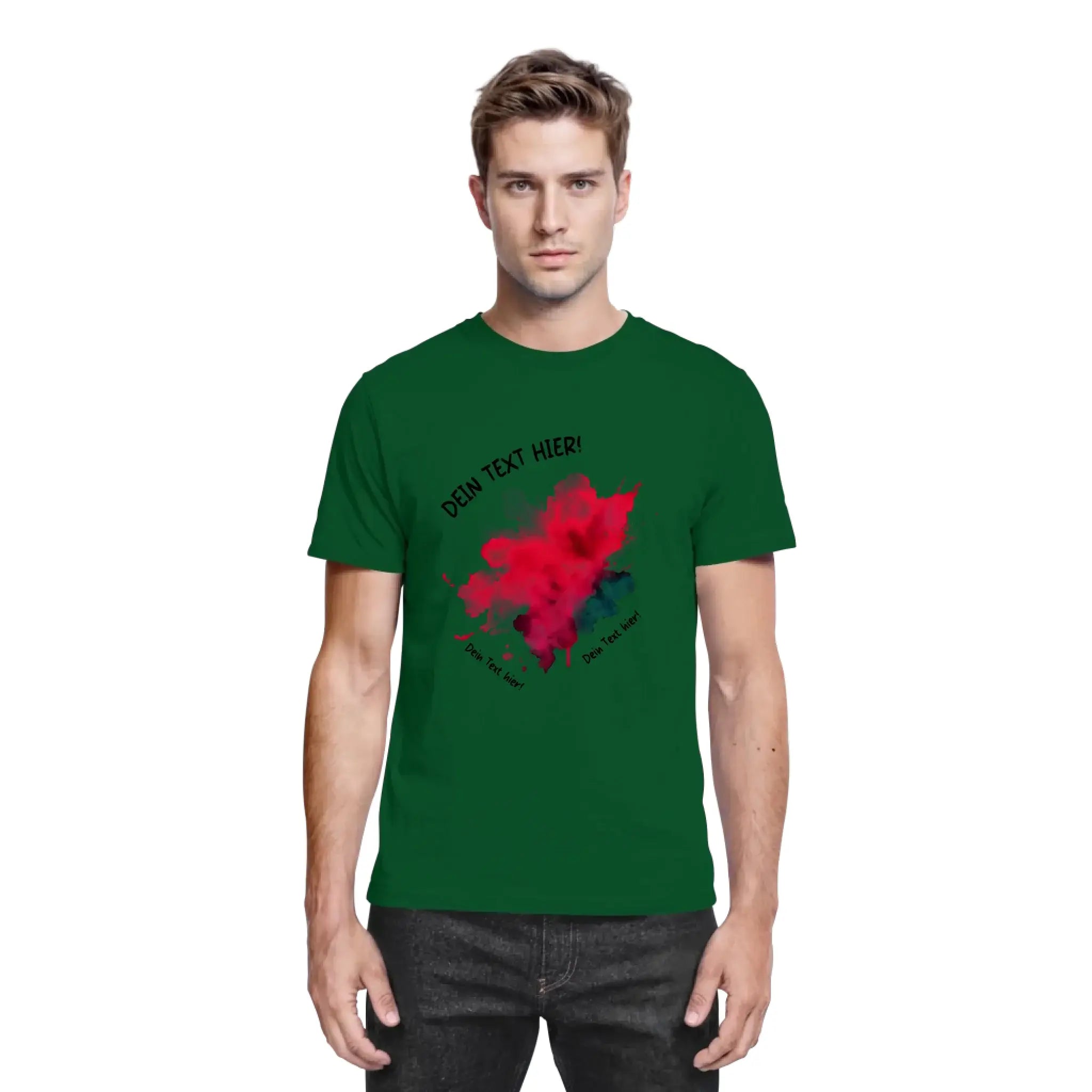 Dunkelgrünes baumwoll t shirt mit rotem und schwarzem abstraktem paint splatter und gebogenem text oben