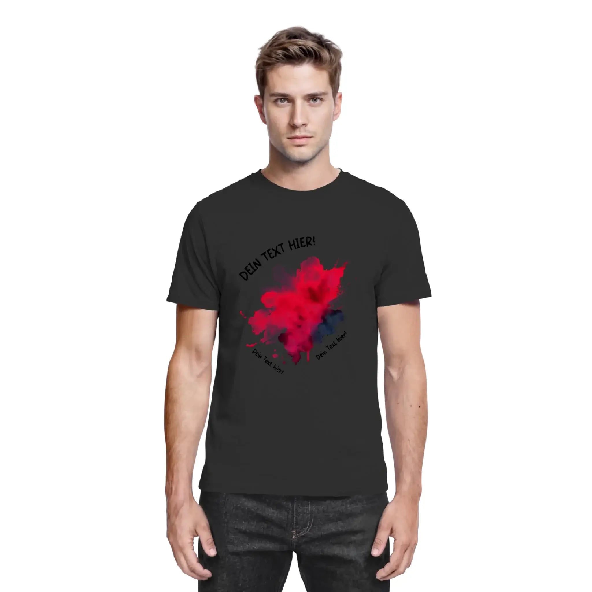 Schwarzes baumwoll-t-shirt mit kräftigem rot-blauem farbspritzer-design und gebogenem schwarzem schriftzug oben