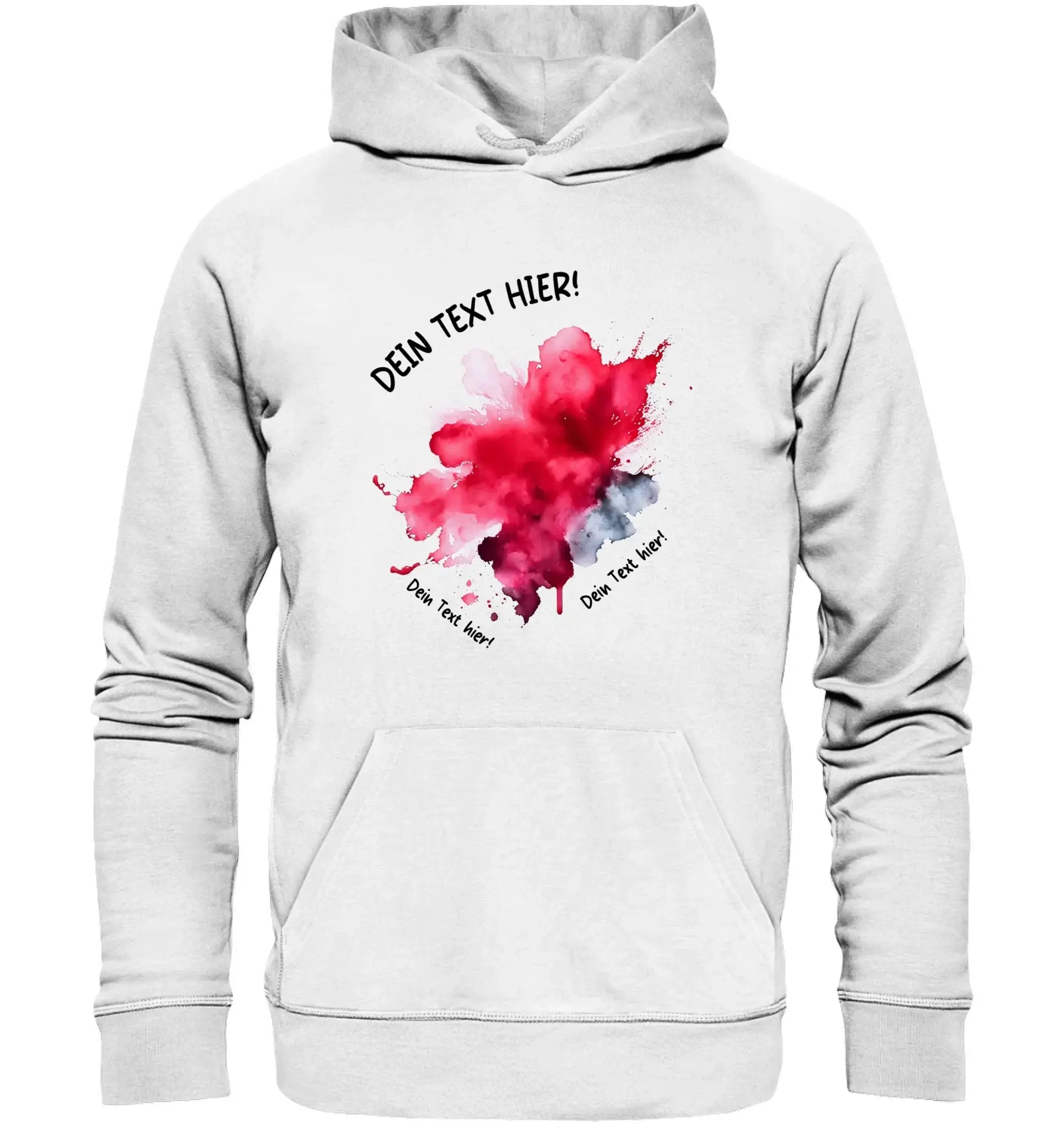 Weißer kapuzenpullover mit rotem und grauem aquarellsplash vorne aus der art-klecks statement-collection mit wunschtext