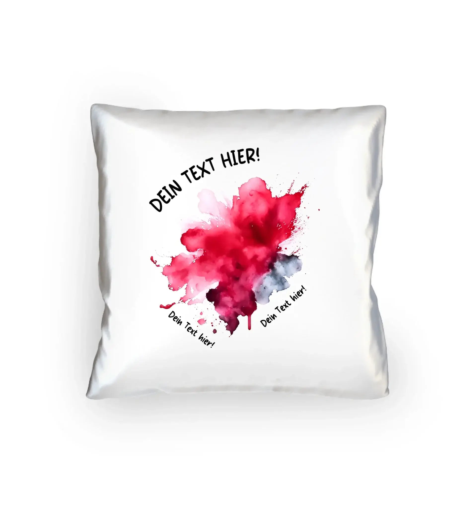 Weiße quadratische kissen mit lebendigem rot grauem aquarellklecks design und anpassbarem wunschtext