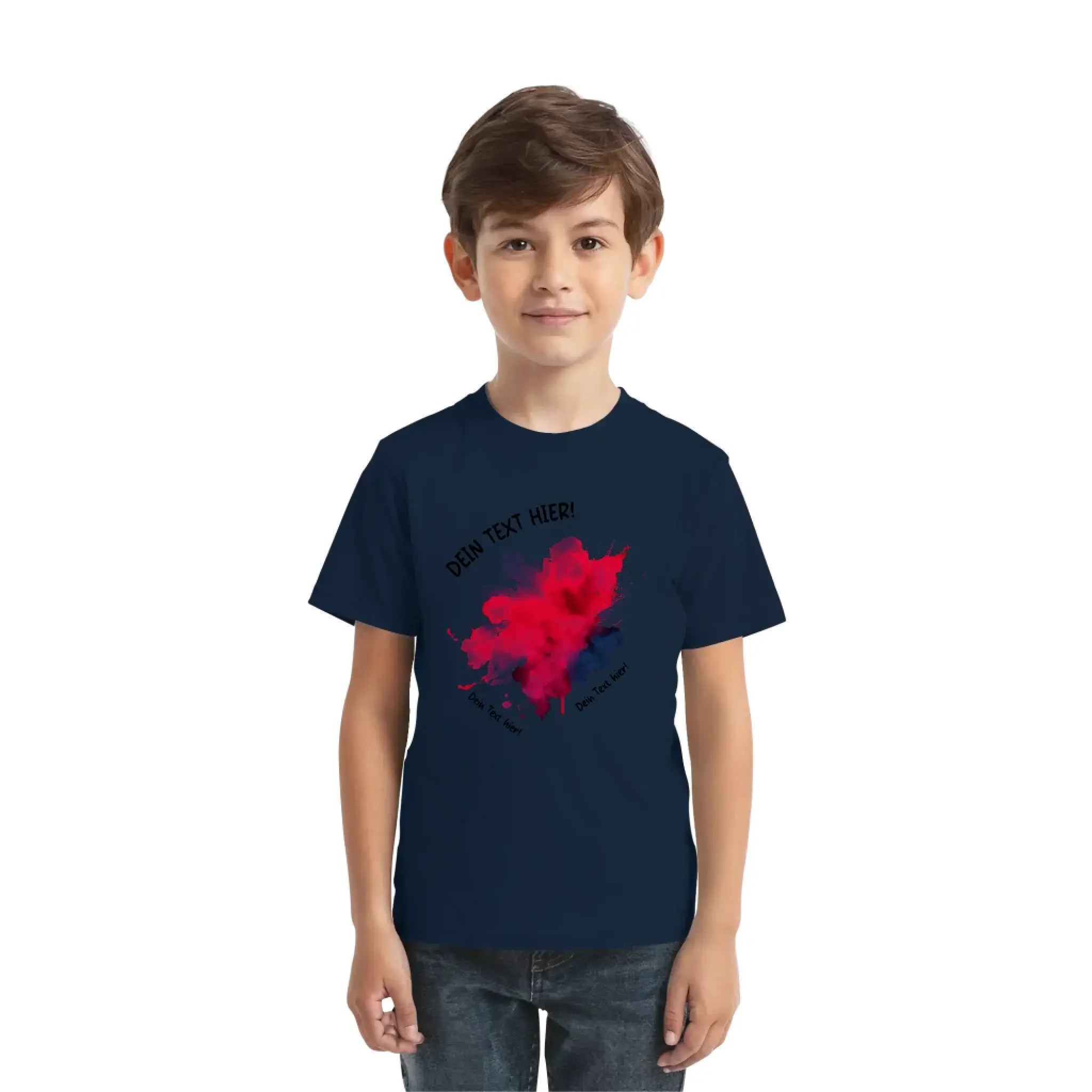 Navyblaues kurzarmshirt mit rotem paint splatter grafik und platzhaltertext aus art-klecks statement-collection