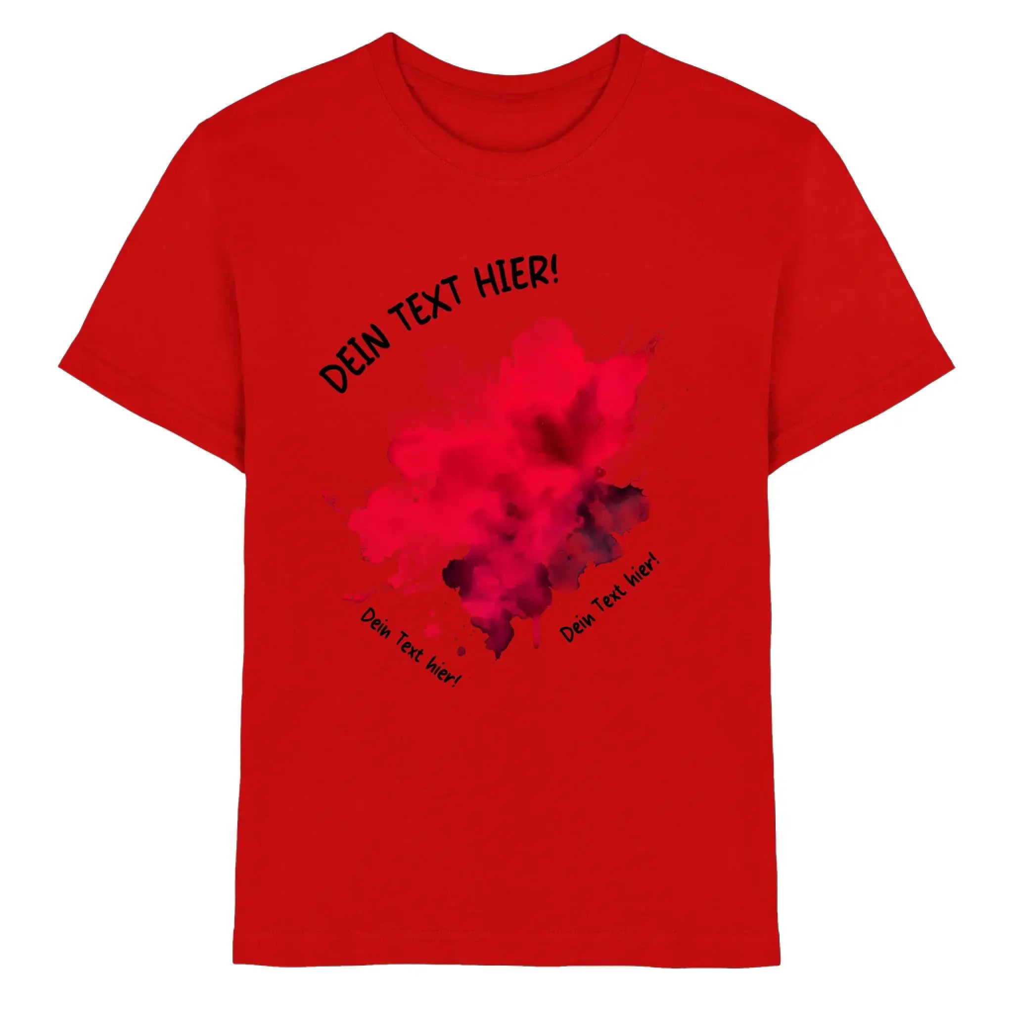 Rotes cotton t-shirt mit pink lila aquarell design und schwarzem dein text hier text aus der statement collection