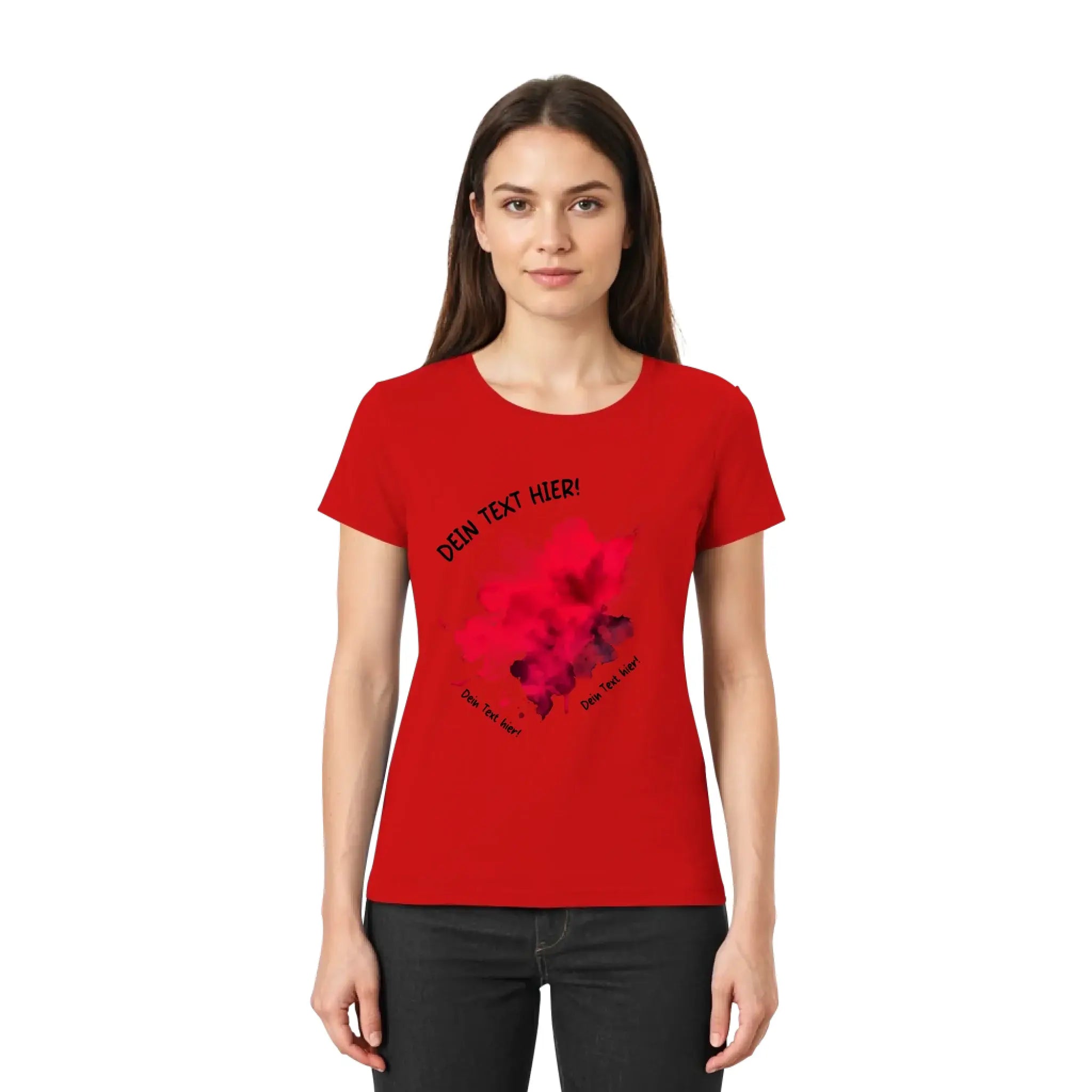 Rote damen t-shirt mit kurzen ärmeln, floralem motiv und individuellem textbereich von art-klecks statement-collection