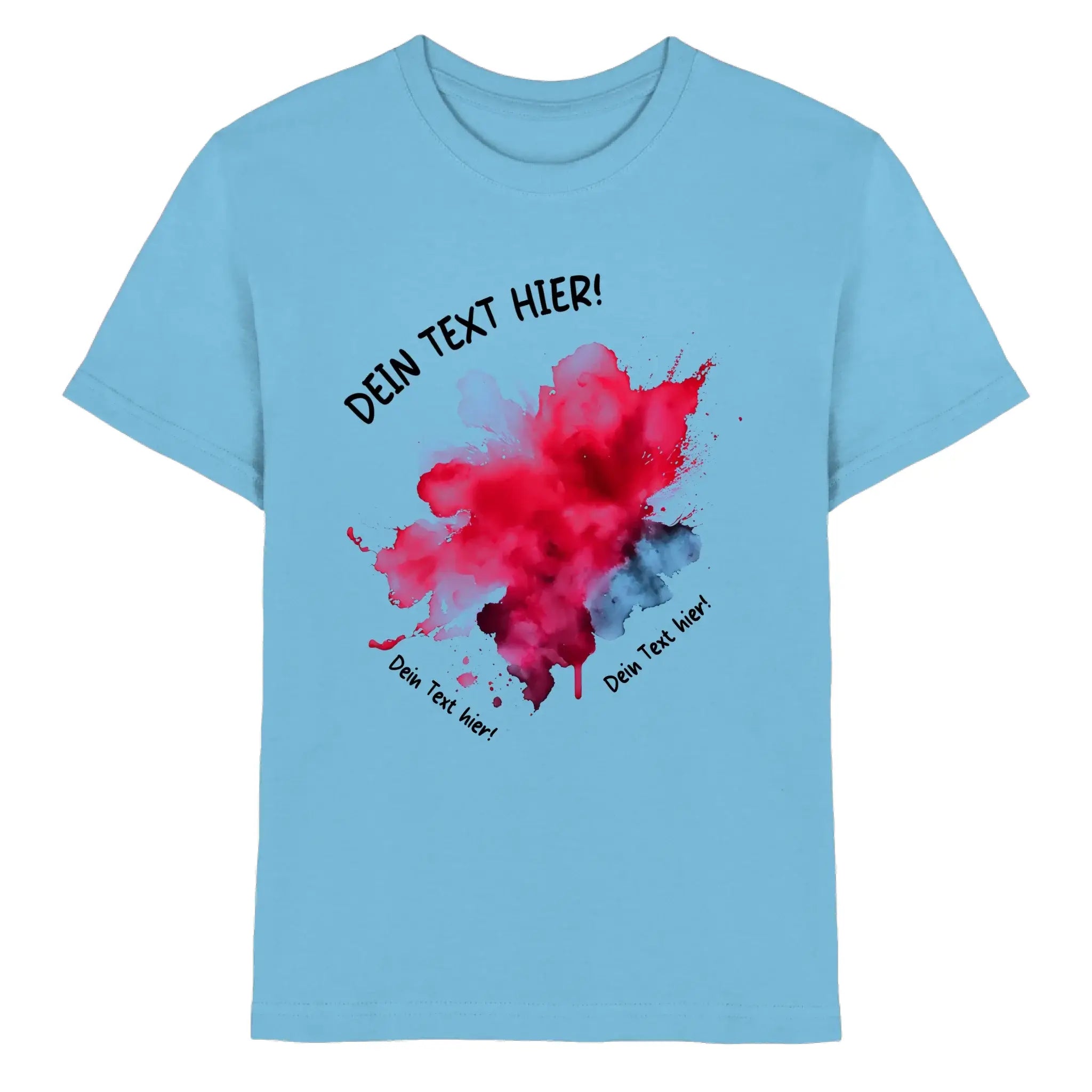 Hellblaues baumwollshirt mit rotem und dunklem grauem aquarellklecks und schwarzen textplätzen aus der statement-collection