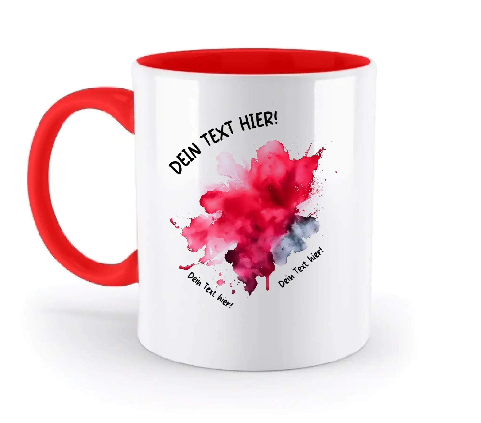 Weiße keramiktasse mit rotem griff und innenfarbe mit pink-grauem aquarell-fleck aus der statement-collection