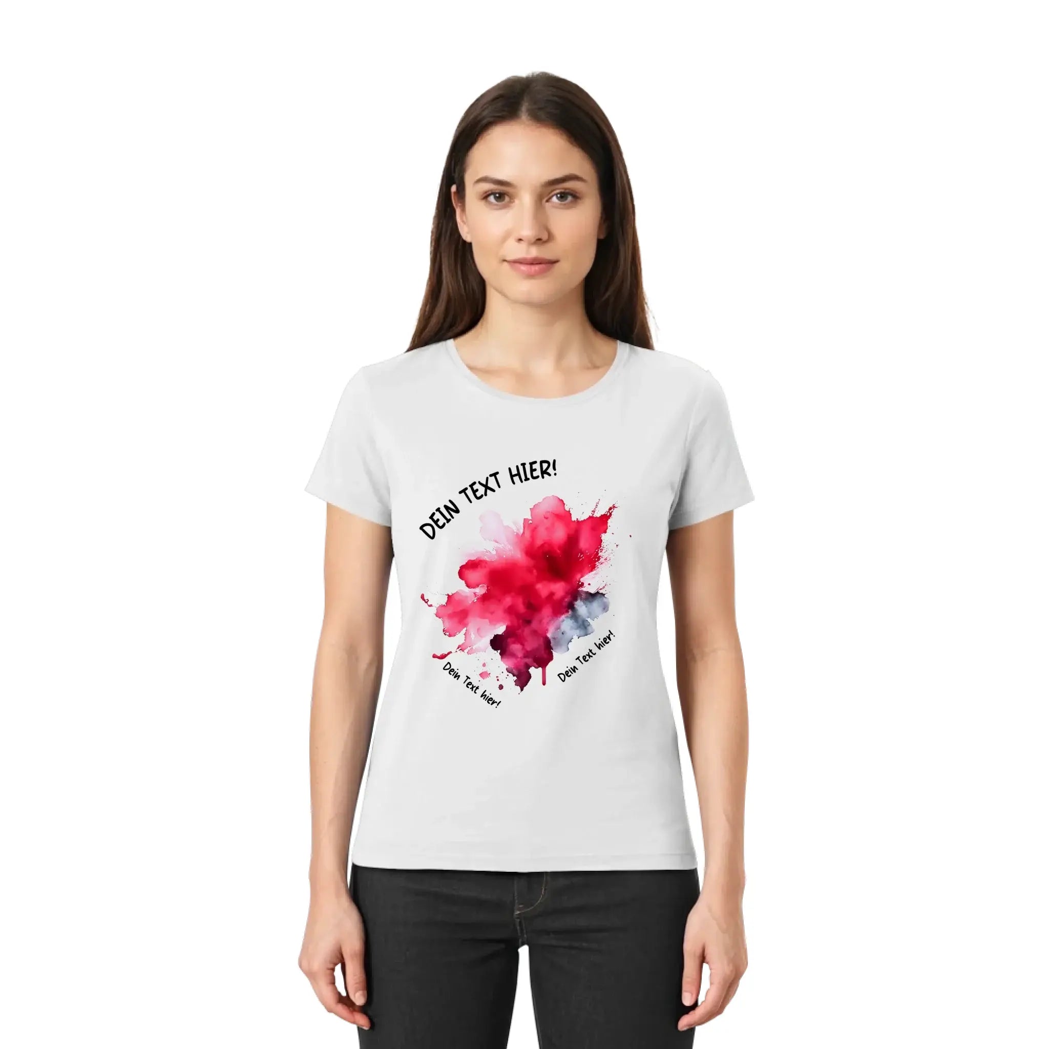 Lichtgraues damen t-shirt aus der statement collection mit rotem und blauem farbspritzer design und schwarzem tekst