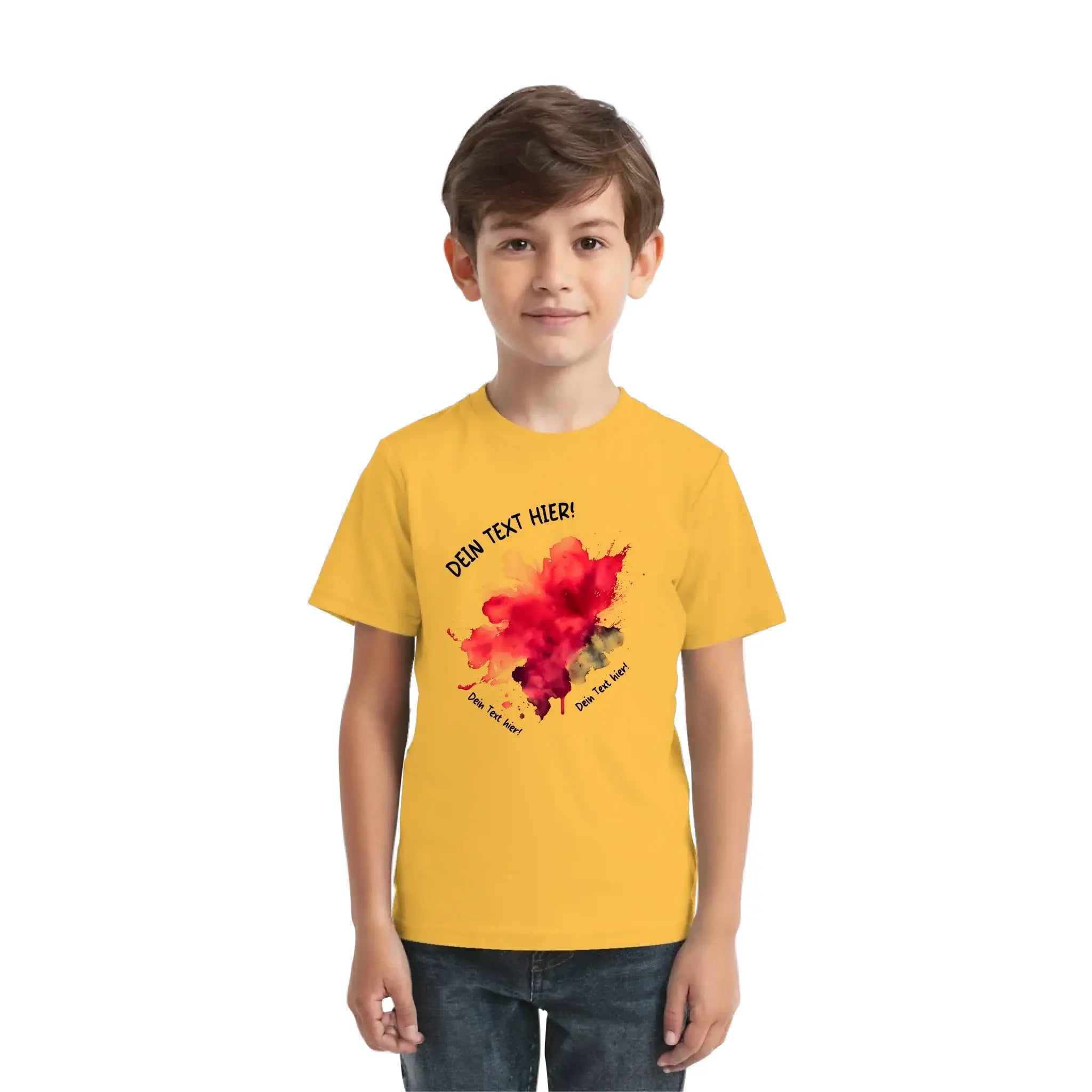 Gelbes kindertshirt mit rotem und schwarzem paint-splatter-design und anpassbarem text aus der statement-collection