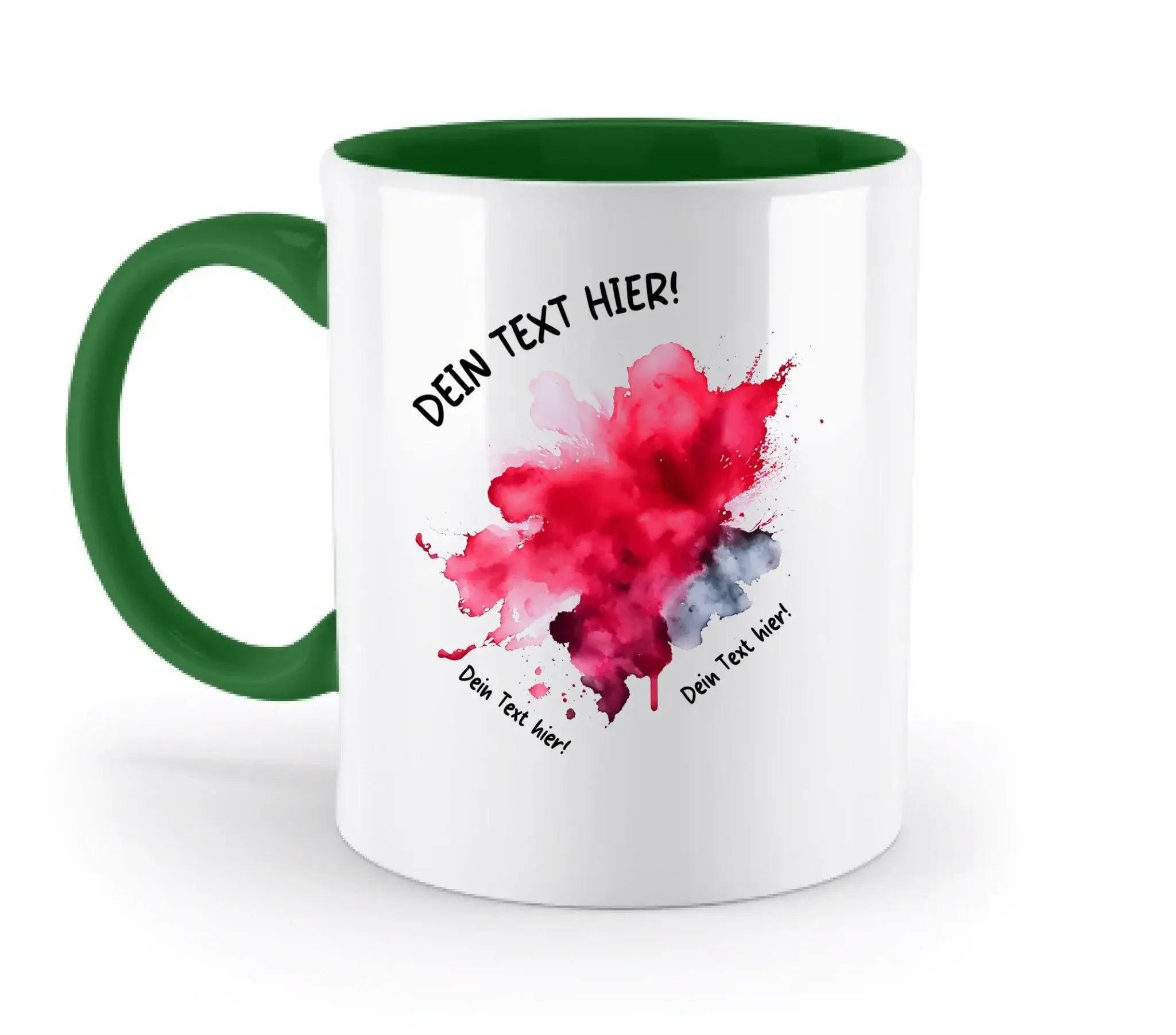 Weiße keramik-tasse mit grünem griff und innenfarbe und rotem sowie grauem aquarell-design aus der art-klecks statement-collection