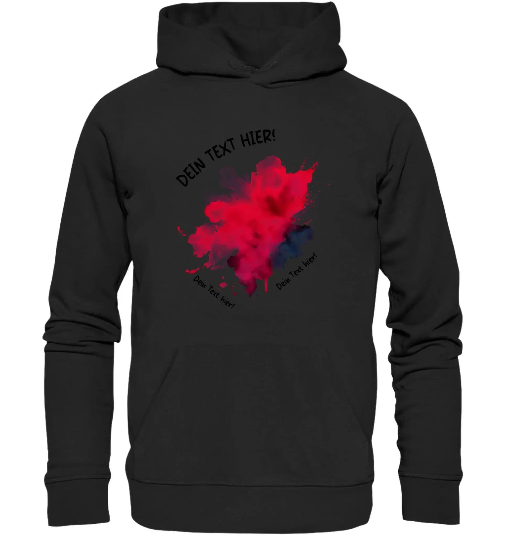 Schwarzer hoodie mit knalligem rot-blauem paint-splatter-design und individuellem text aus der statement-collection