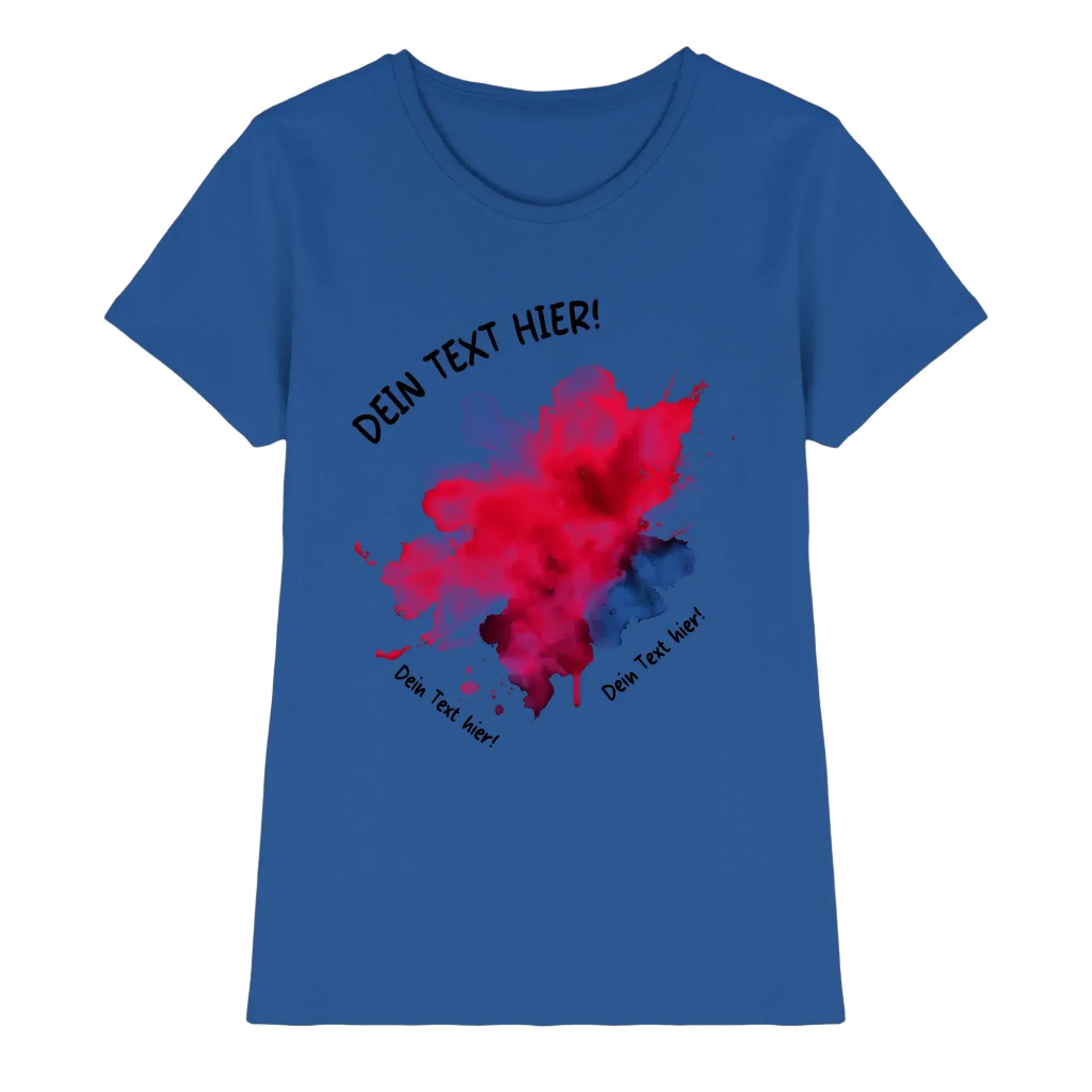 Blaues damen t-shirt mit lebendigem rot blauem paint splatter design aus der art klecks statement collection