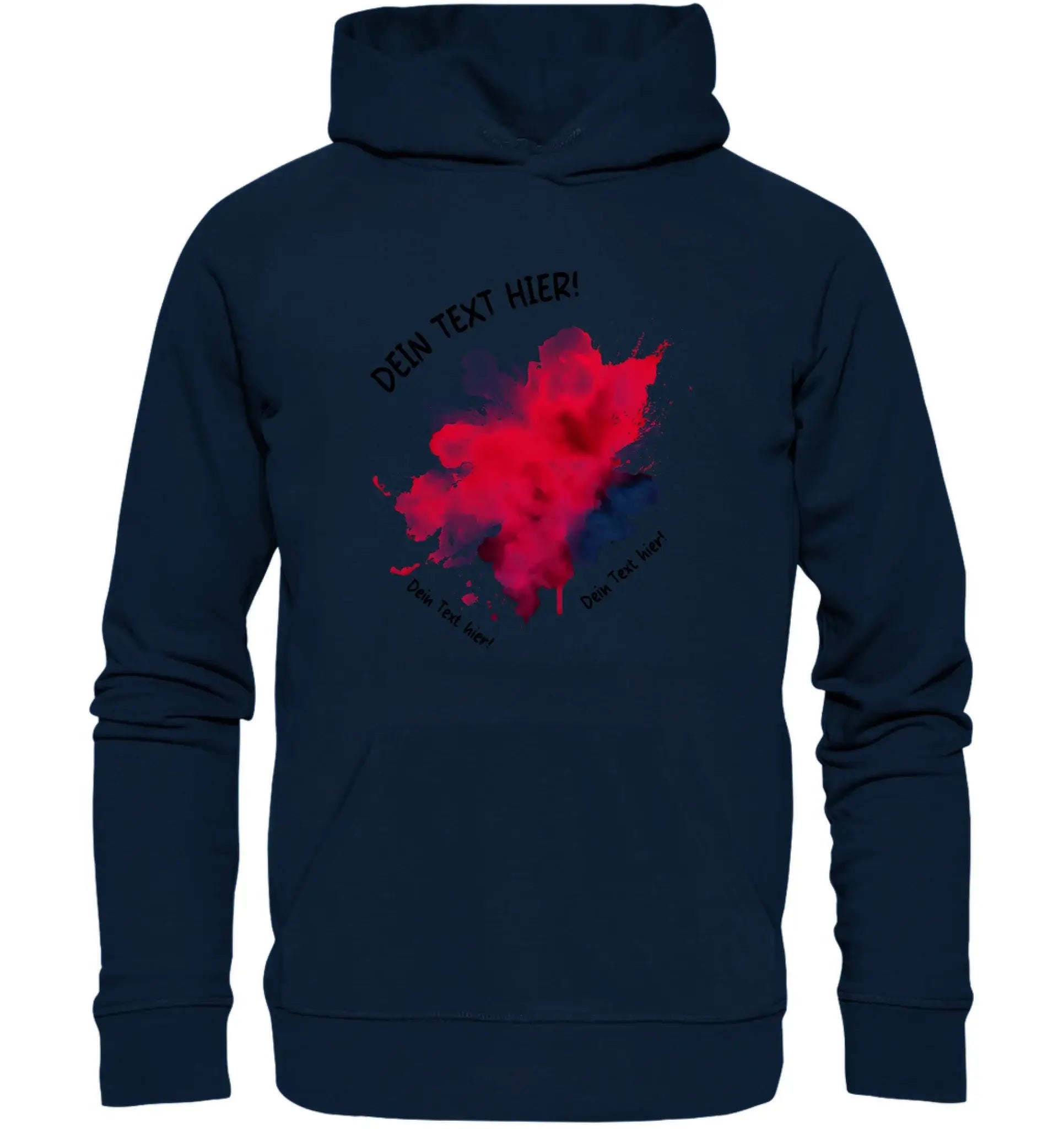 Navyblauer kapuzenpullover mit rotem und blauem farbspritzermotiv aus der statement collection von art-klecks