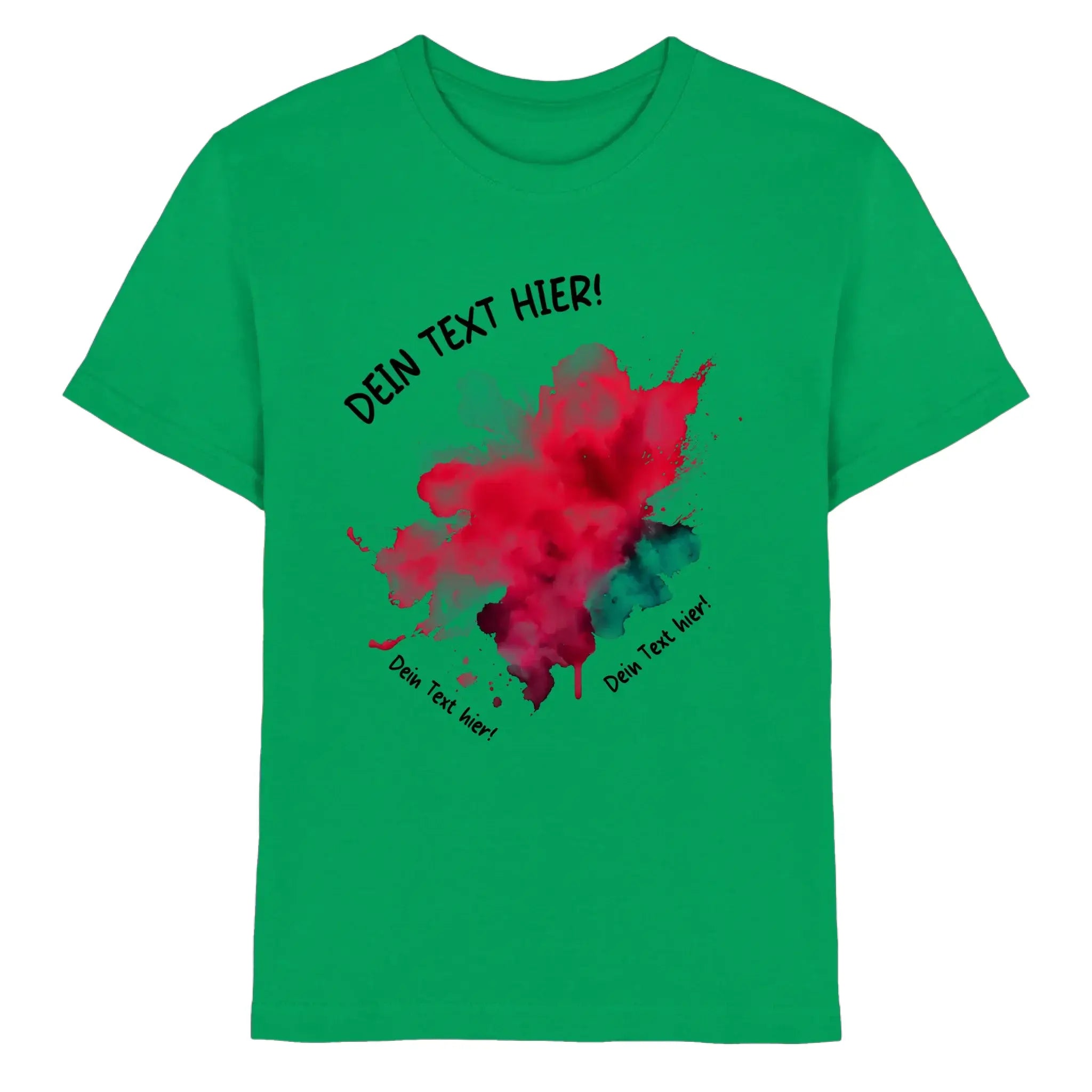Leuchtendes grünes baumwollshirt mit auffälligem rot-Petrolfarben farbspritzer design und schwarzen textplätzen aus der statement-collection