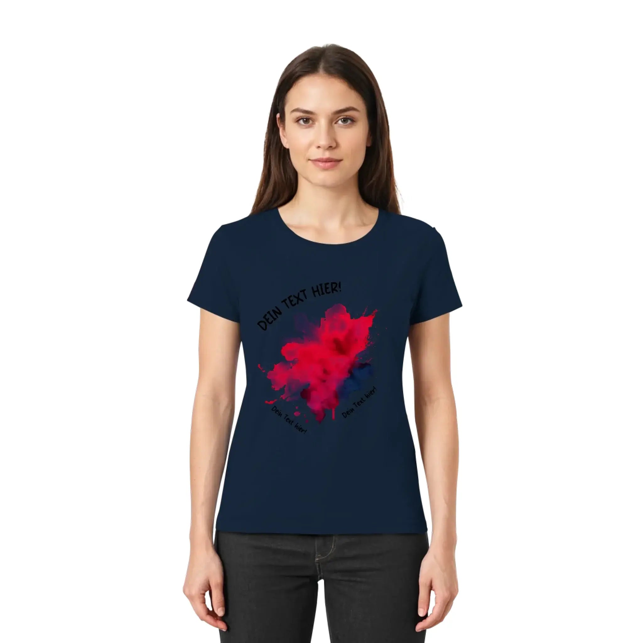 Marine blaue baumwoll t shirt mit rotem und pinkem abstraktem paint splatter von der statement collection