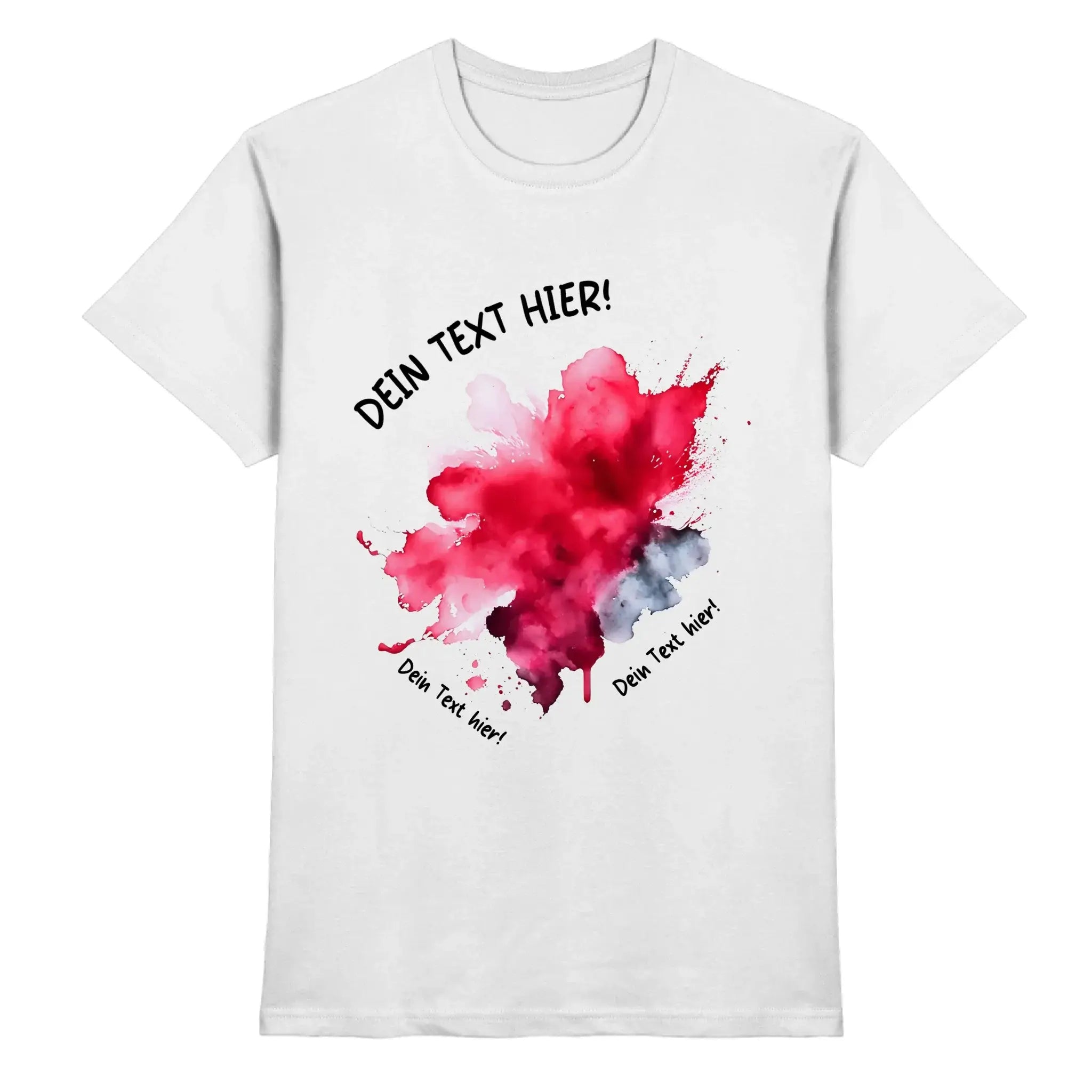 Weißes baumwoll-t-shirt mit rotem und grauem aquarell-farbspritzer-design und anpassbarem schwarzem wunschtext