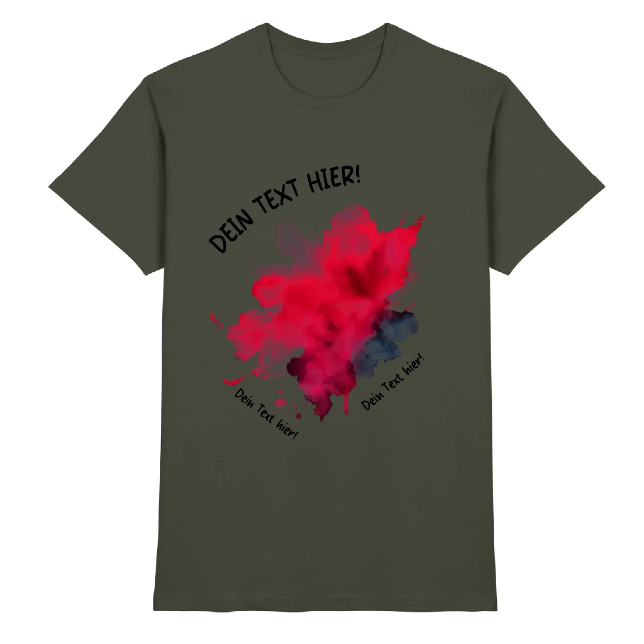 Olivegrünes baumwoll-tshirt mit rot-dunkelblauem paintklecks-design und schwarzen textfeldern aus der statement-collection