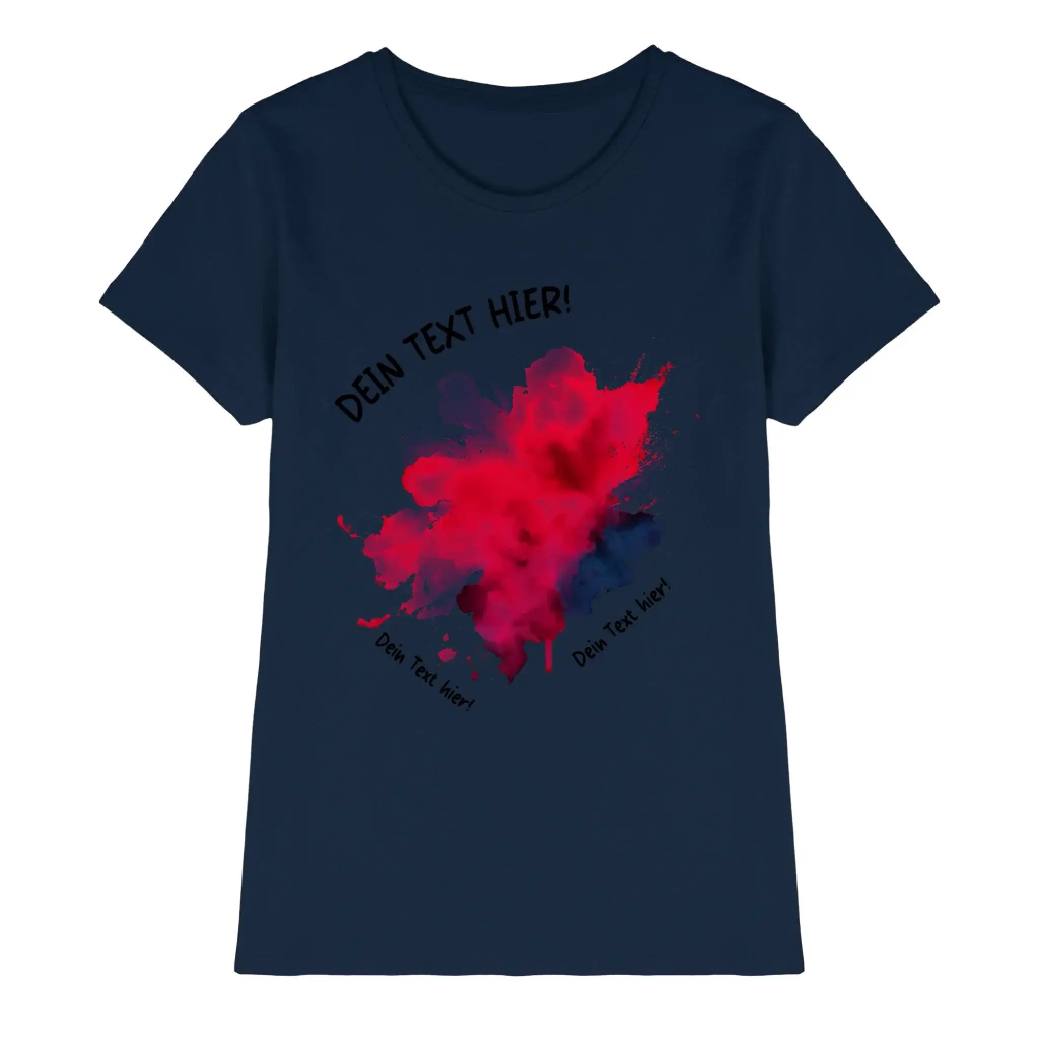 Marine blaue kurzarm t shirt mit leuchtendem rot pinkem tintenspritzer design aus der statement collection