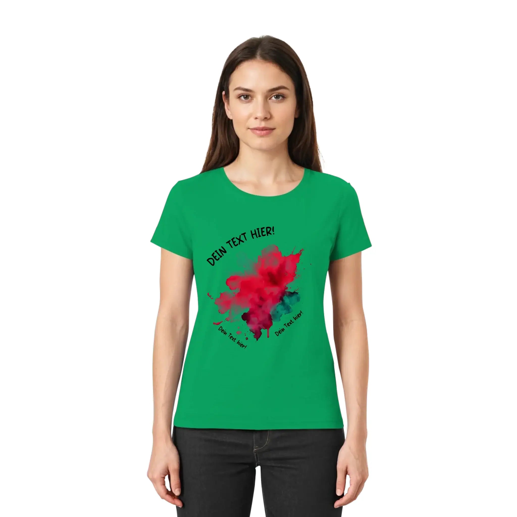 Grünes kurzarmshirt mit rotem und schwarzem aquarellfleck grafik aus der statement collection von art klecks