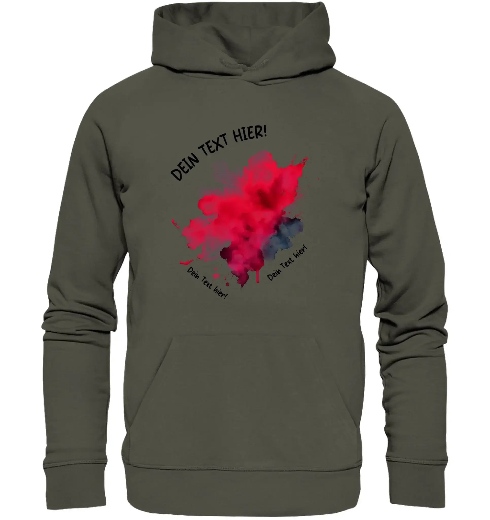 Olivegrüner kapuzenpullover mit leuchtend rotem und dunkelblauem paint-splatter-motiv aus der statement-collection