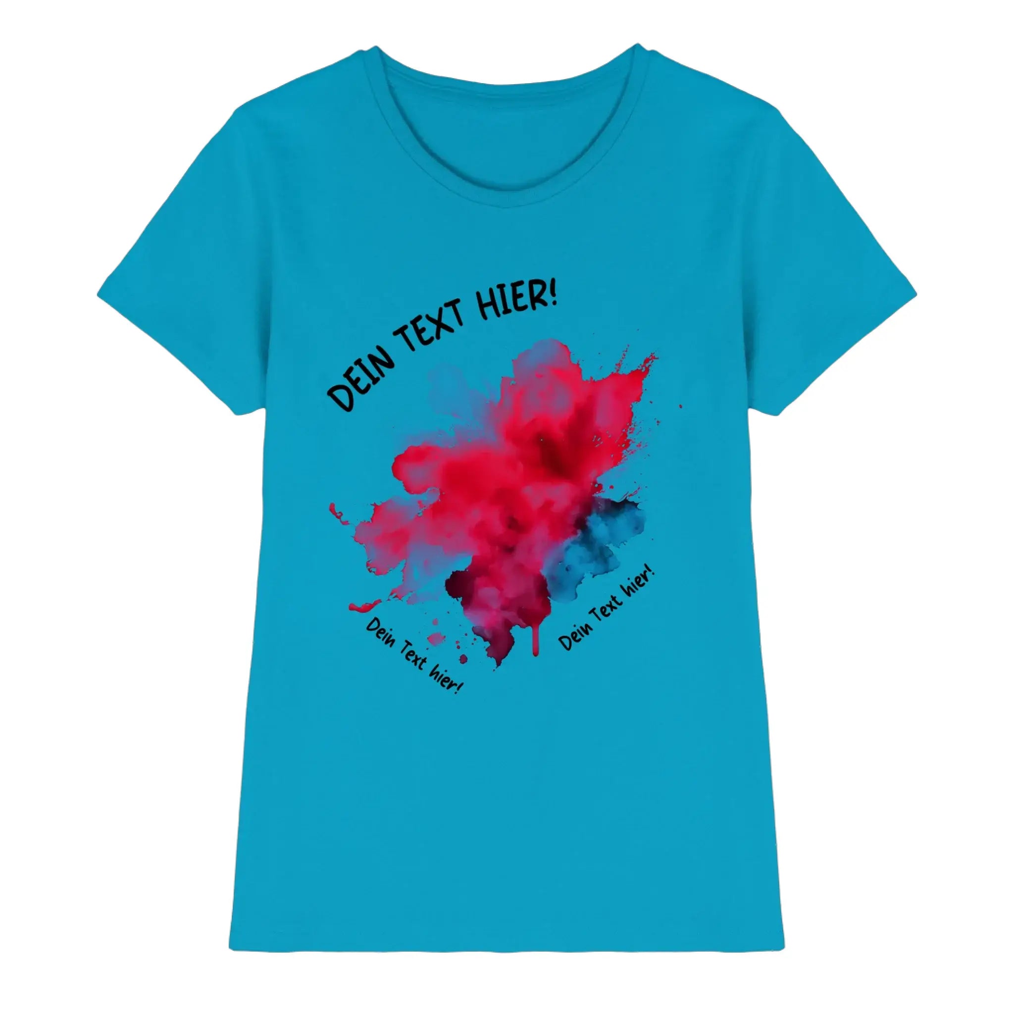 Eine lebhafte türkisfarbene damen t shirt mit kurzen ärmeln und auffälligem rot blauem paint splatter design zum individualisieren