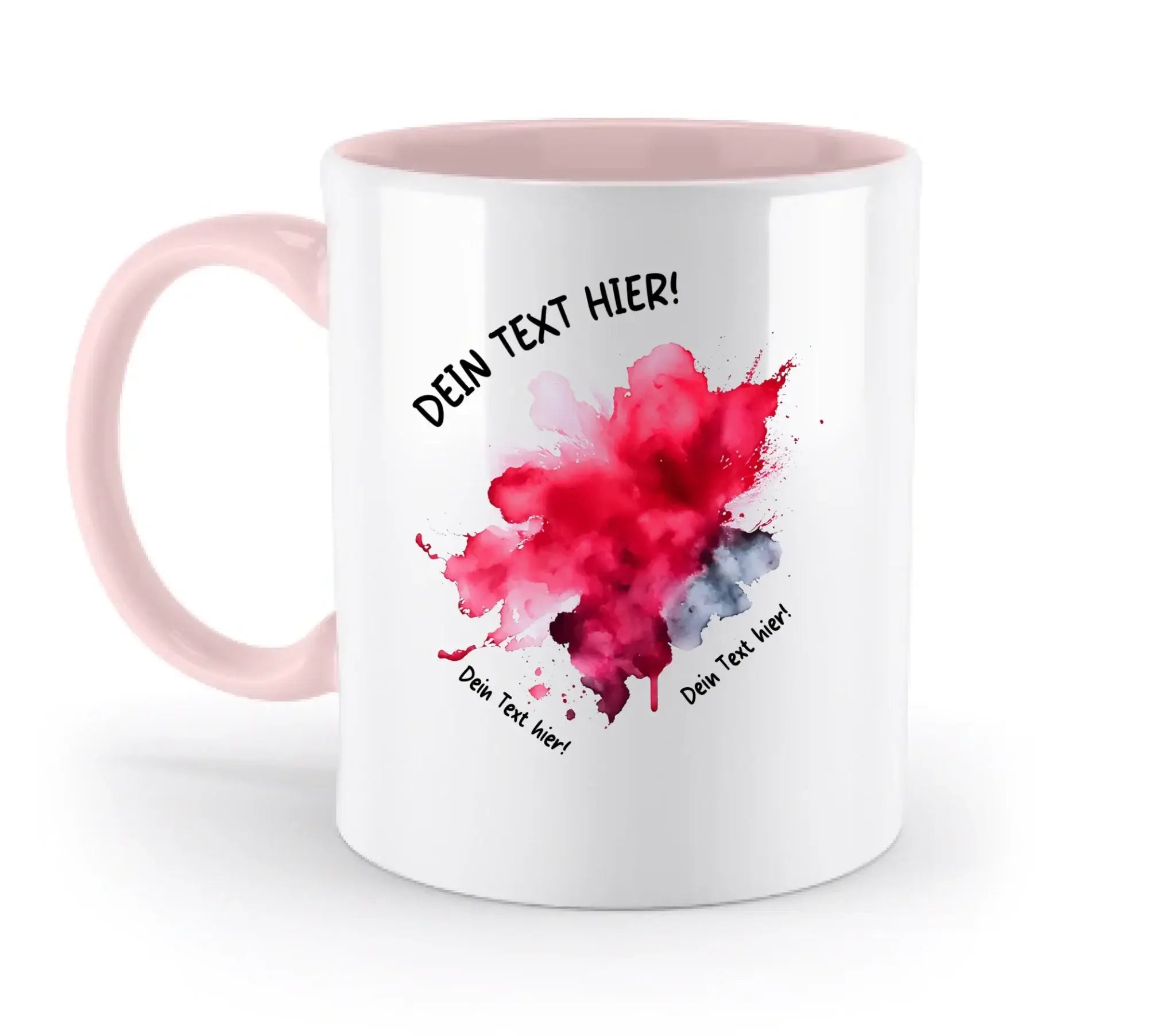 Weiße keramiktasse mit pinkem griff und innen, rotem aquarell-fleck im art-klecks statement-collection style