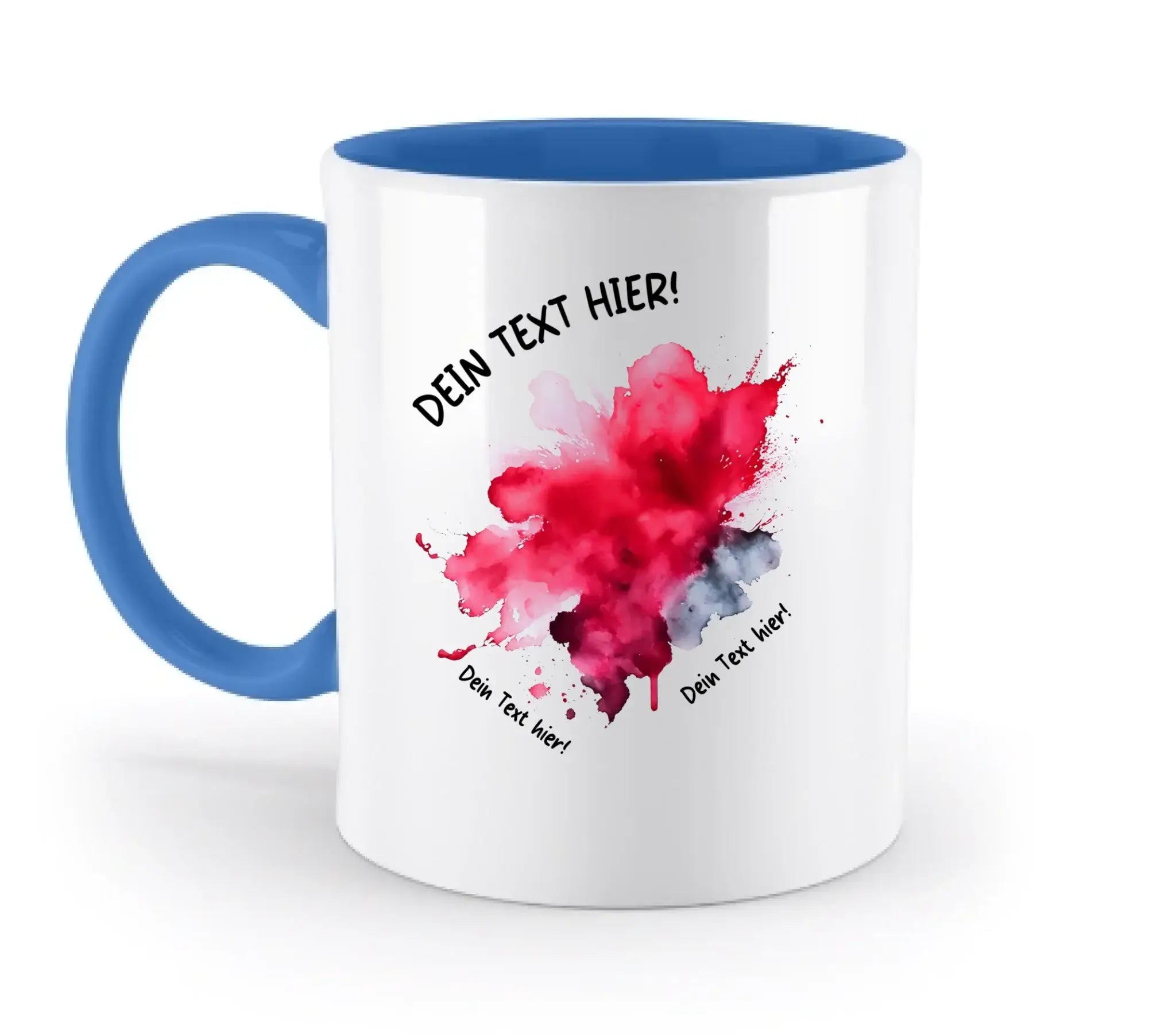 Weiße keramiktasse mit blauem griff und innenfläche, rotem und grauem aquarellklecks aus der statement-collection