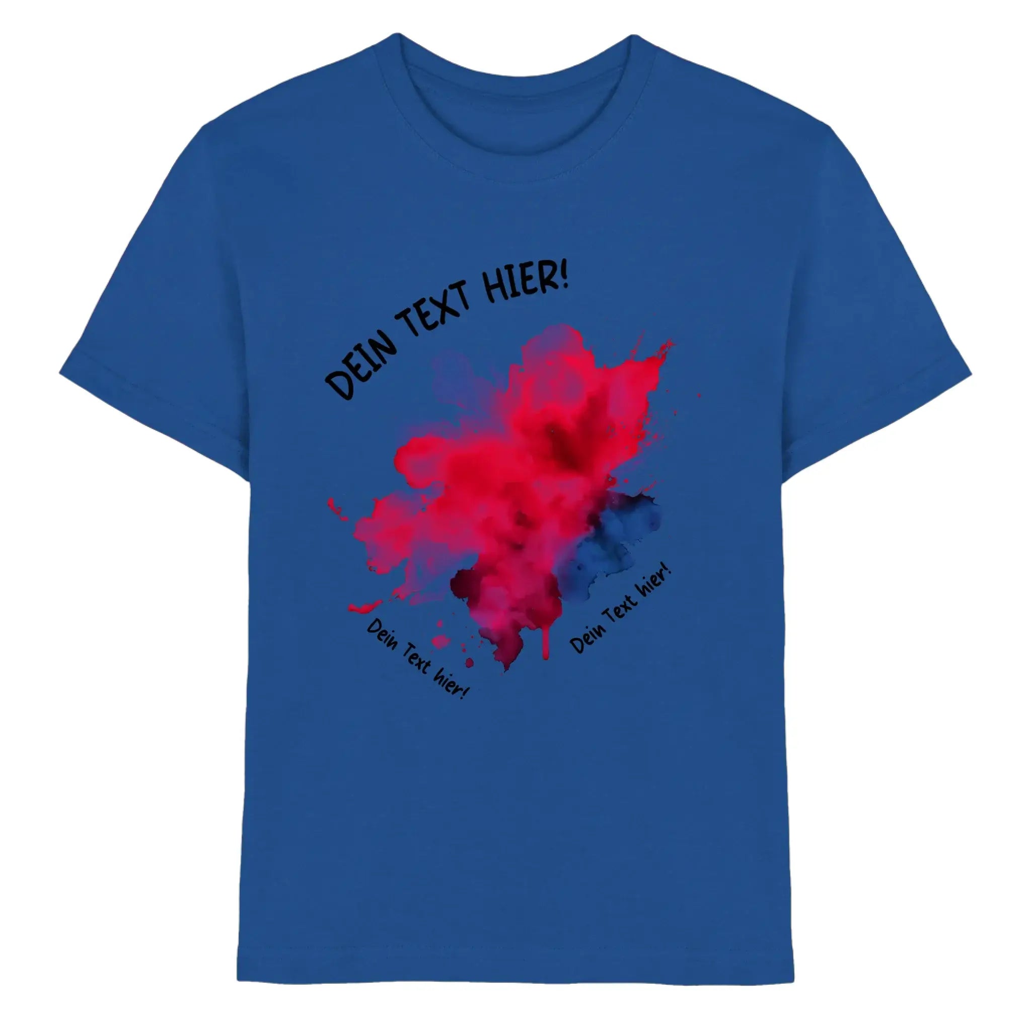 Blaues baumwollshirt mit lebendigem rot-blauem farbspritzer design und schwarzen textfeldern aus der statement collection