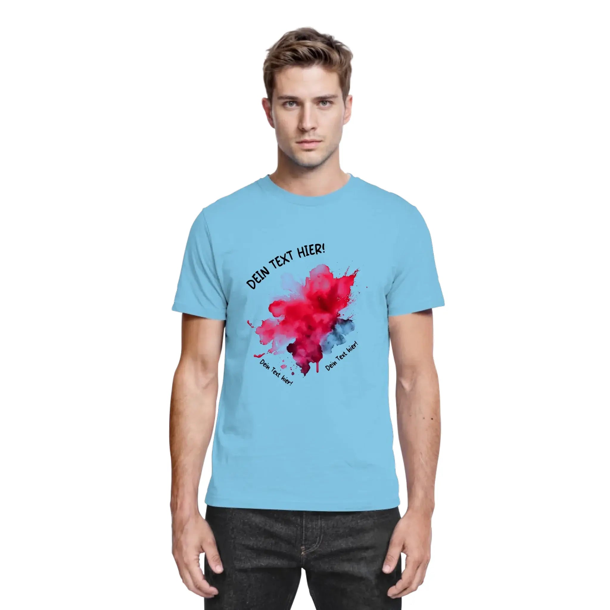 Leichtblaues baumwoll t shirt mit rotem und schwarzem aquarell klecks design aus der statement collection