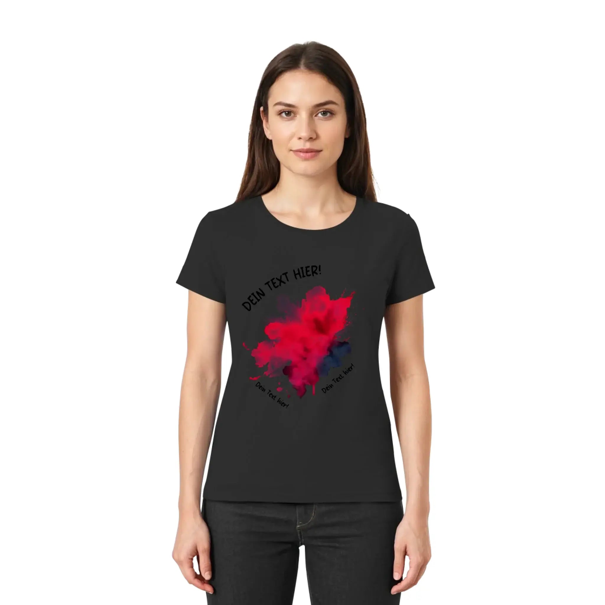Schwarzes kurzarmshirt mit lebendigem rot-blauem farbspritzer-design und anpassbarem text aus der statement-collection