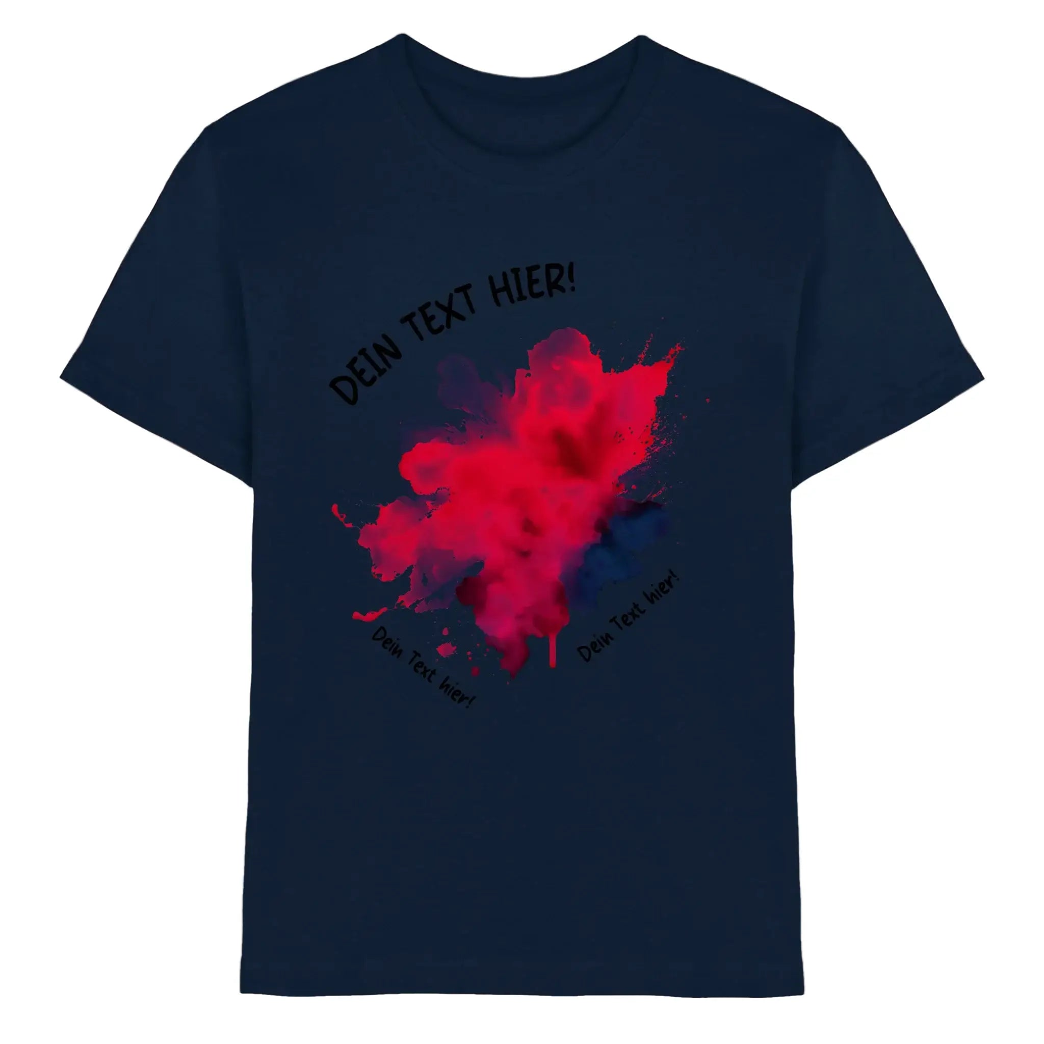 Marine blaue baumwoll-tshirt mit lebendigem rot-lila farbspritz-design und schwarzem text aus statement-collection