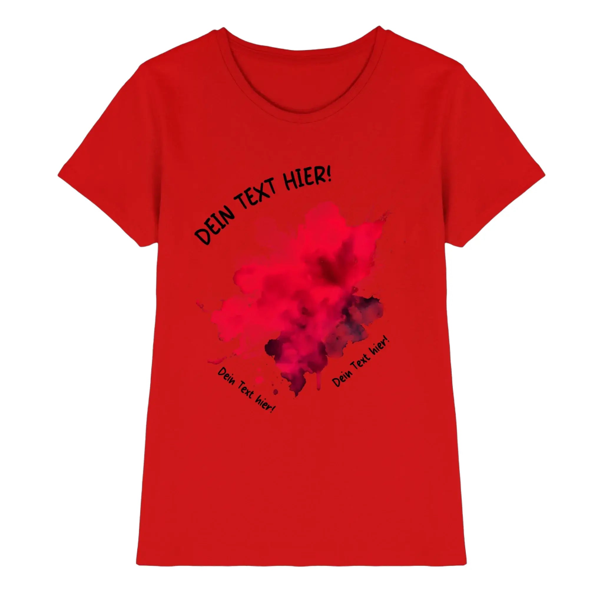 Leiches rotes damen t shirt mit kurzarm und kunstvollem aquarell klecks in rosa und dunkelviolett mit wunschtext