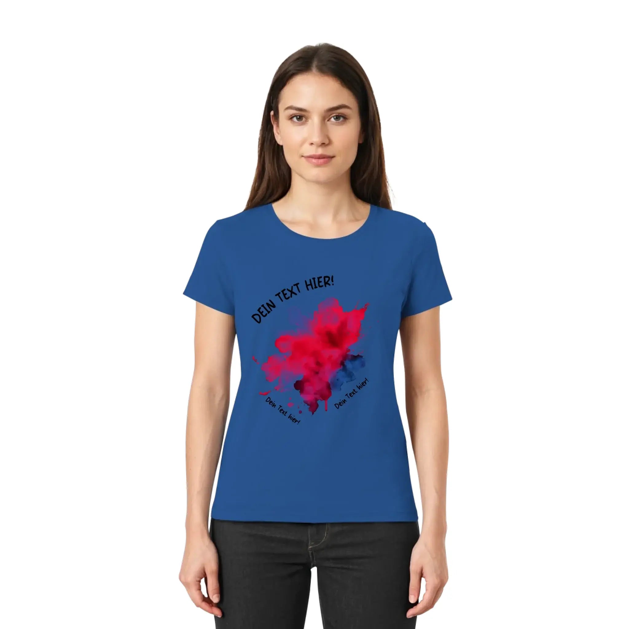 Blaues damen t-shirt mit rotem und schwarzem splatter-design aus der statement-collection mit wunschtext