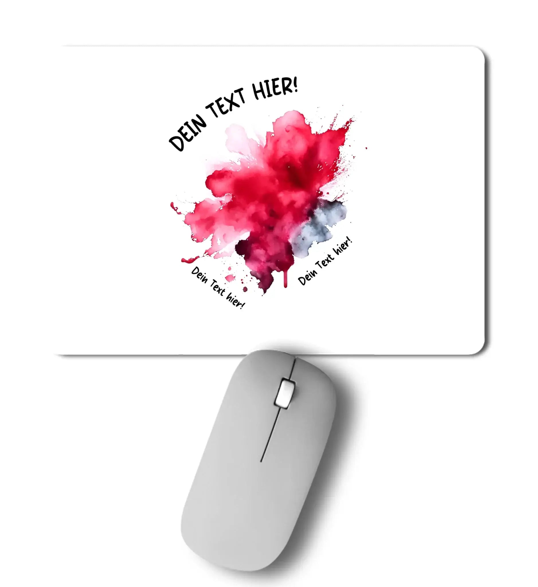 Weiße mauspad mit rotem und grauem wasserfarben-design und individuellem wunschtext mit silberner kabelloser maus