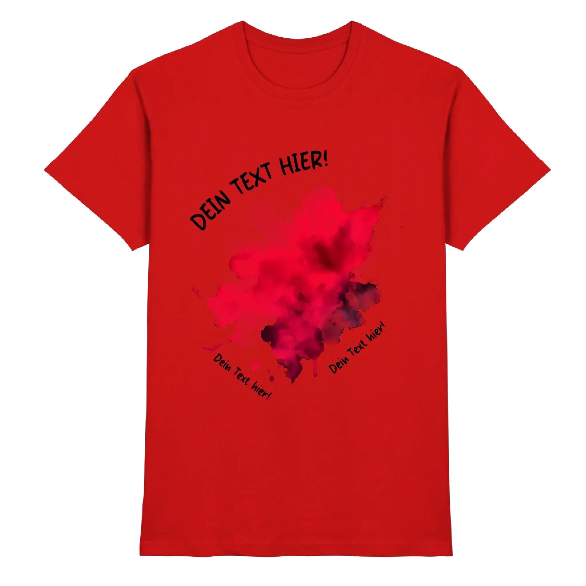 Leuchtendes rotes kurzarmshirt mit expressivem aquarell-fleckdesign in pink und lila und schwarzem text dein text hier