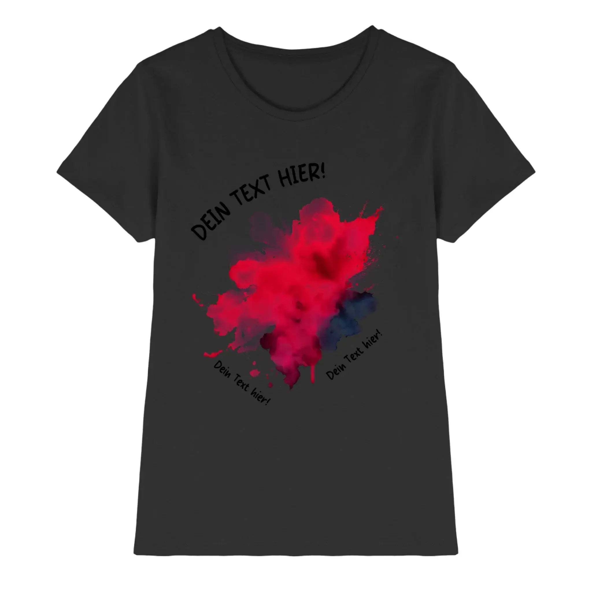 Schwarzes baumwollshirt mit buntem rot-blauem tintenspritzer-design aus der statement-collection mit wunschtext
