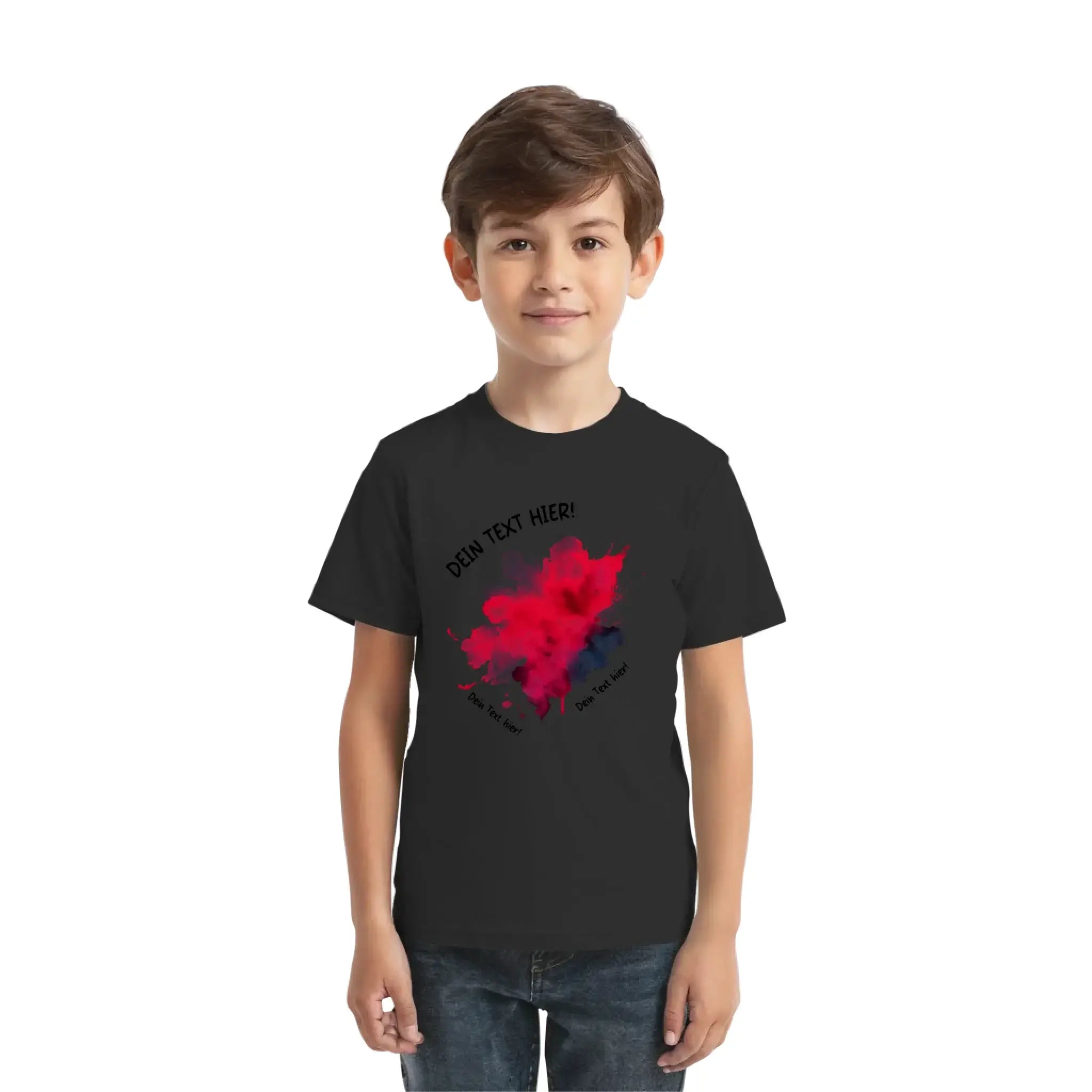 Schwarzes kurzarmshirt mit knalligem rot-blauem paint-splatter grafikdesign aus der statement-collection