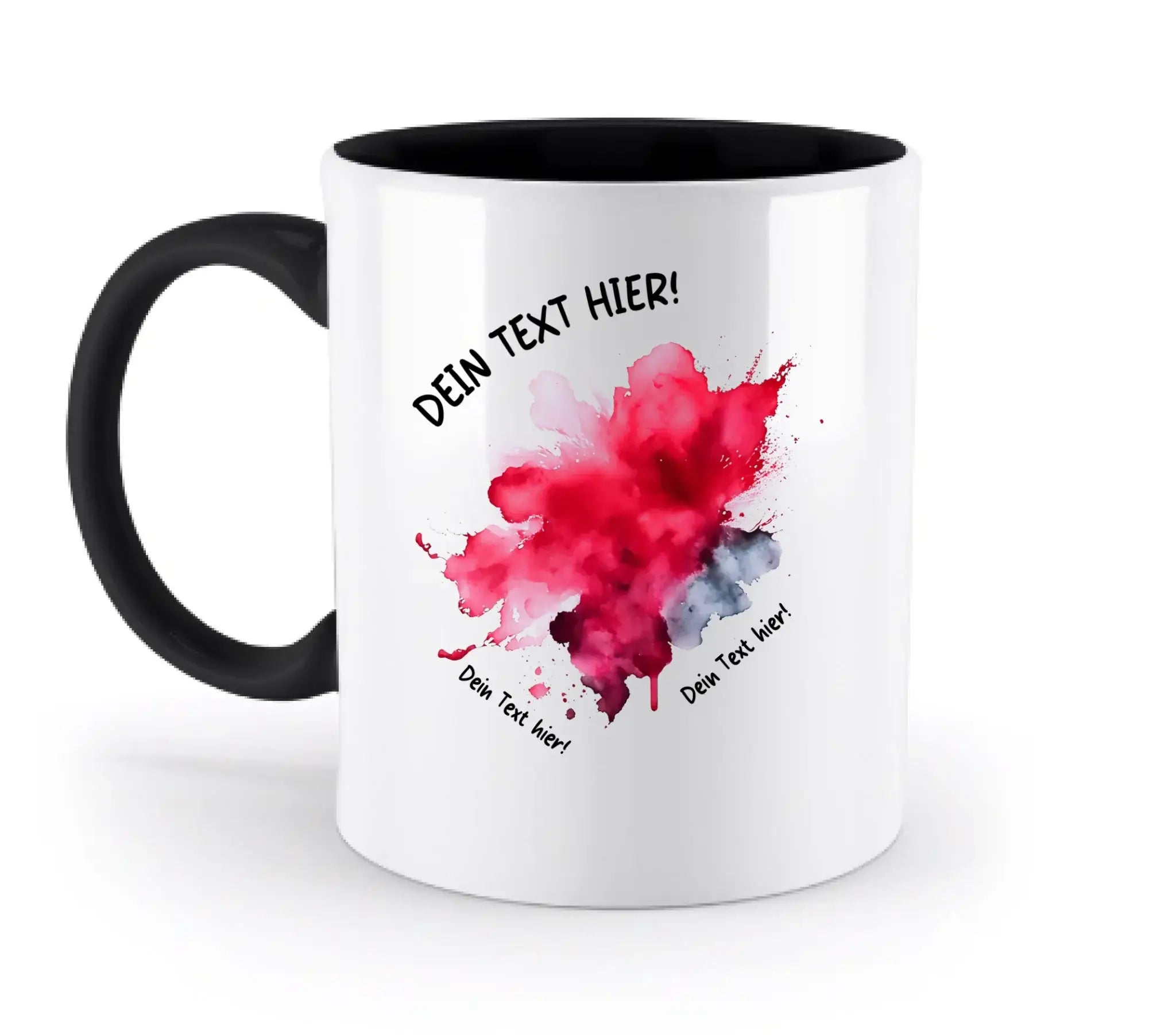 Weiße keramiktasse mit schwarzem griff und innenraum und rotem grauem aquarellklecks aus der art-klecks statement-collection