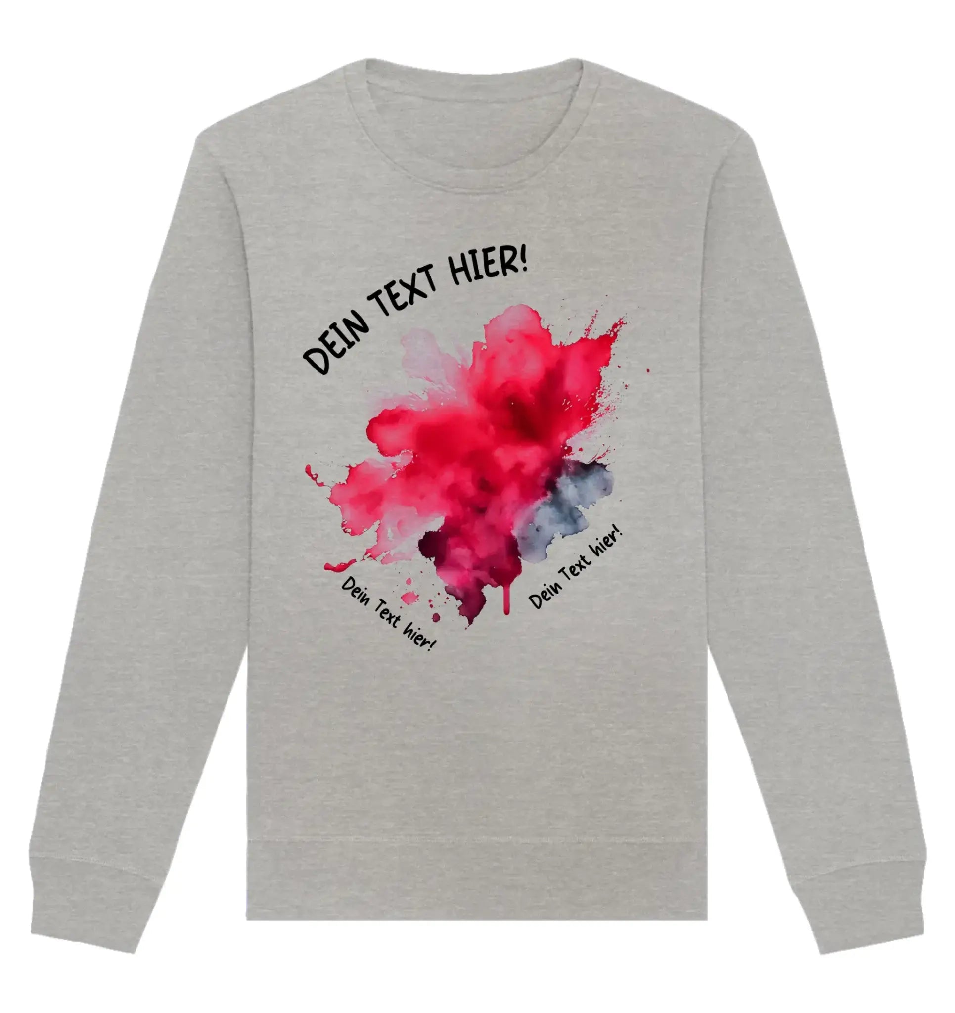 heather grau Sweatshirt aus der statement collection mit rot und blau watercolor splash Design und schwarz Text placeholders