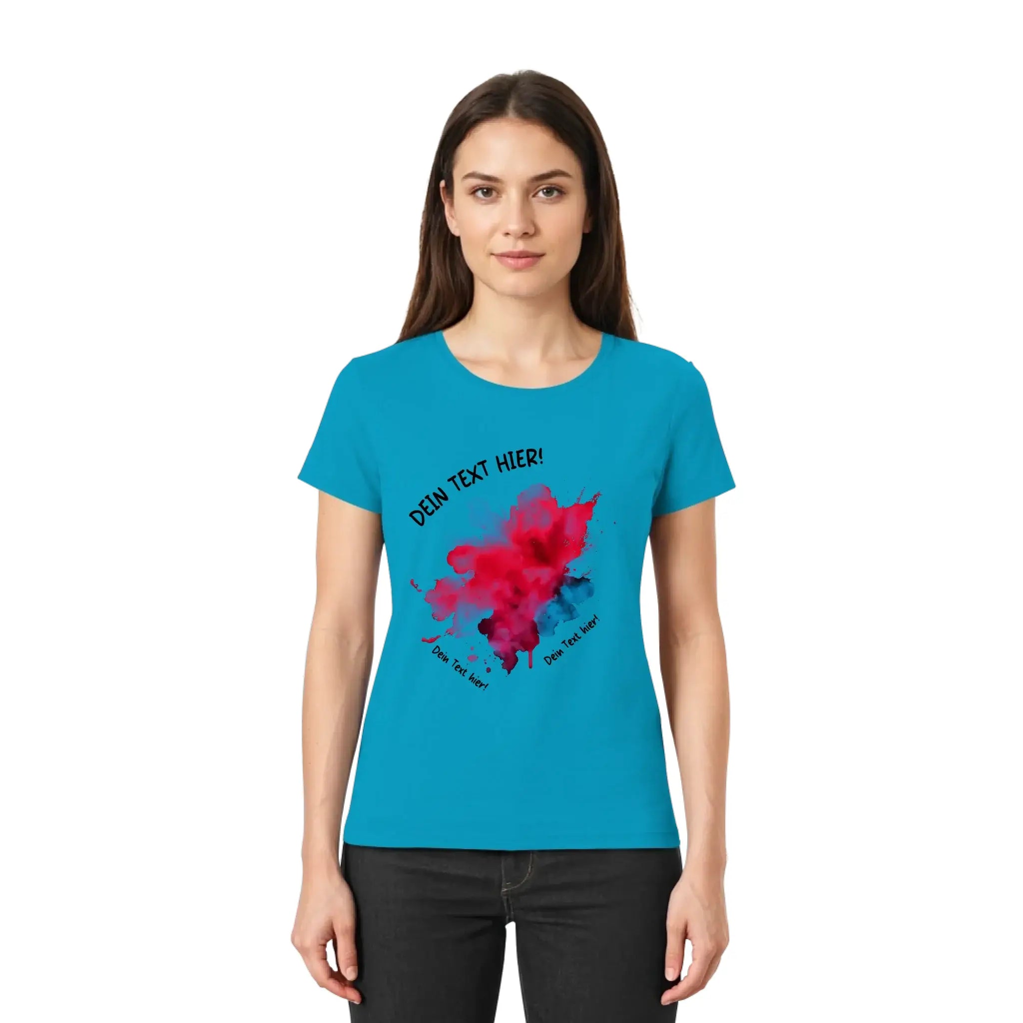 Ein lebhaftes Petrolfarben kurzes damen t shirt mit auffälligem rot schwarzen paint splatter design aus der statement collection