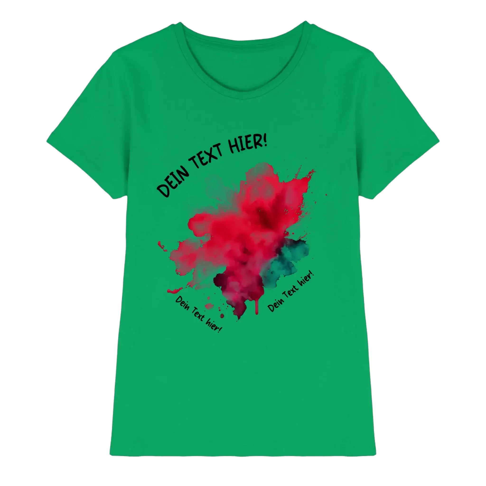 Lebensfrohes grünes damen t-shirt mit rotem und türkisfarbenem aquarellfleck aus der statement-collection mit wunschtext