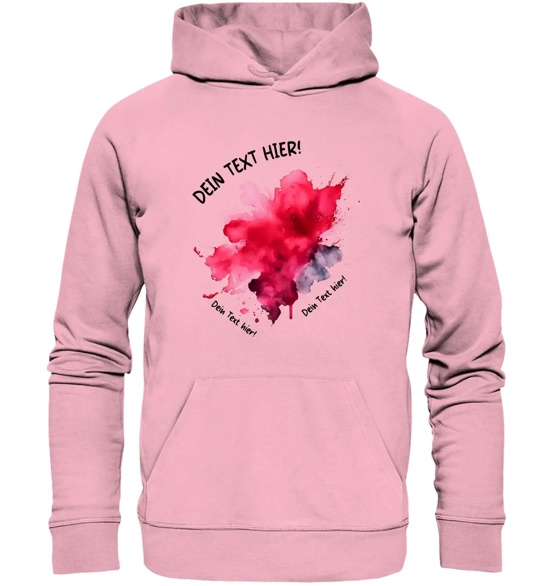 Ein weiches pinkes kapuzenpullover mit rotem und grauem aquarellklecks design aus der statement-collection