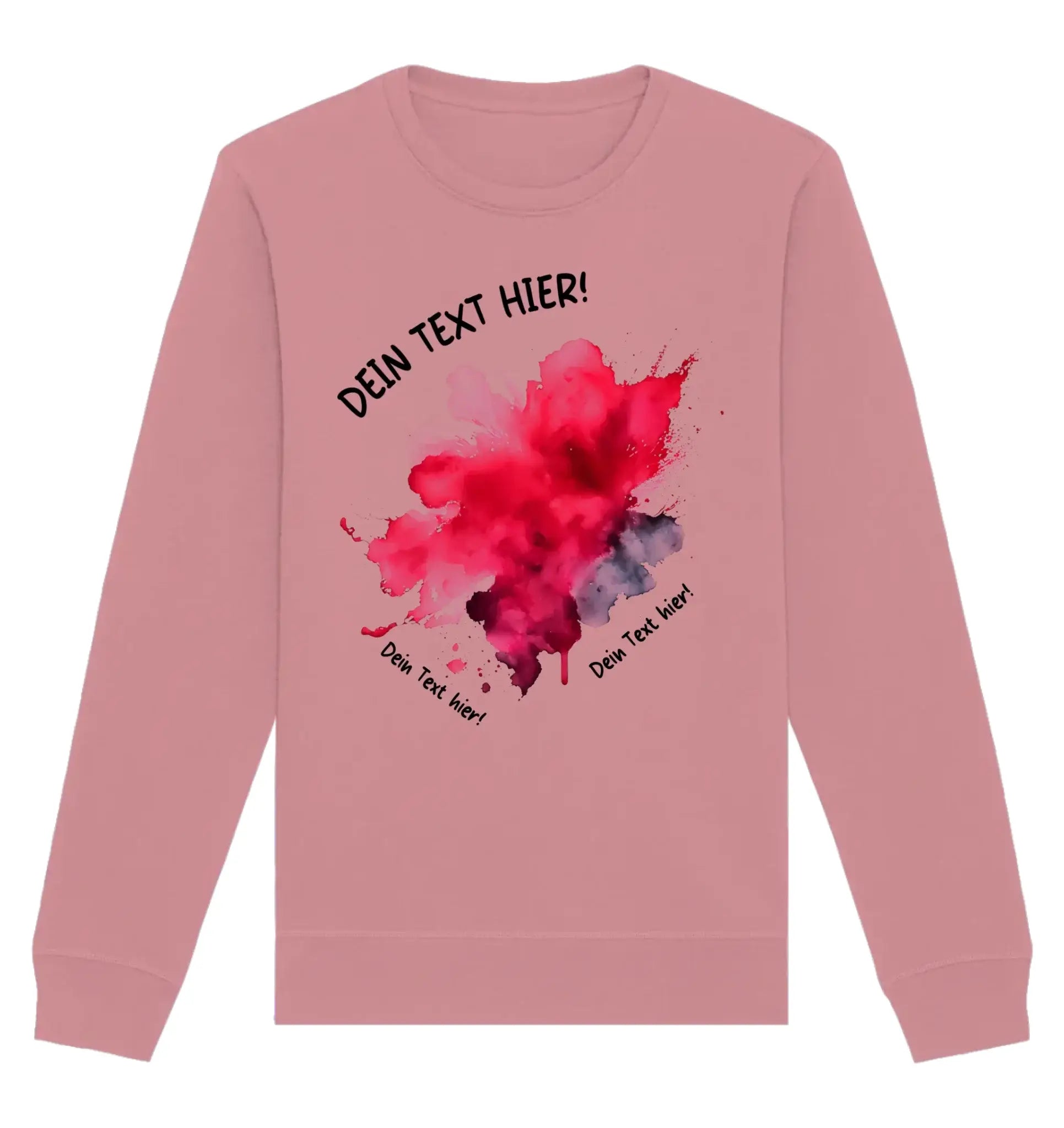 Ein weiches rosa sweatshirt mit langärmeln und bunten roten und violetten aquarellflecken aus der statement-collection