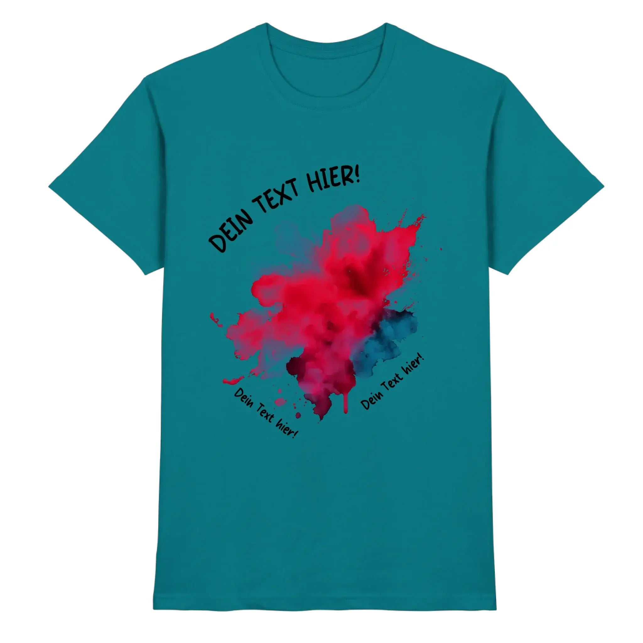 Petrolfarben Baumwoll-T-Shirt mit lebhaftem rot blauem paint splatter design und schwarzem text für die statement-collection