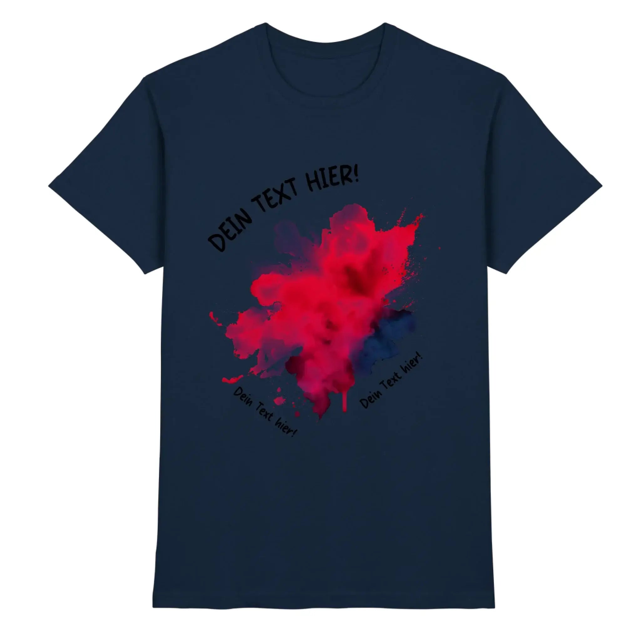 Marine blaue baumwoll t shirt mit auffälligem rot schwarzem tinten spritzer design und individuellem text