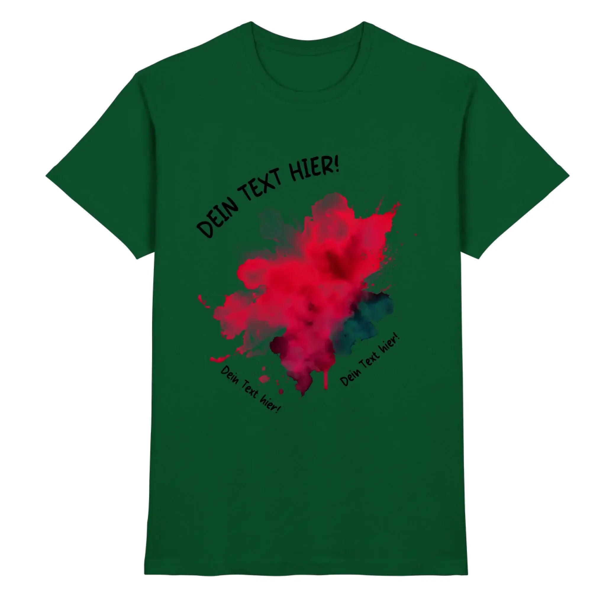 Dunkelgrünes baumwoll-t-shirt mit rotem und blauem farbspritzer-print und schwarzem platzhaltertext aus der statement-collection