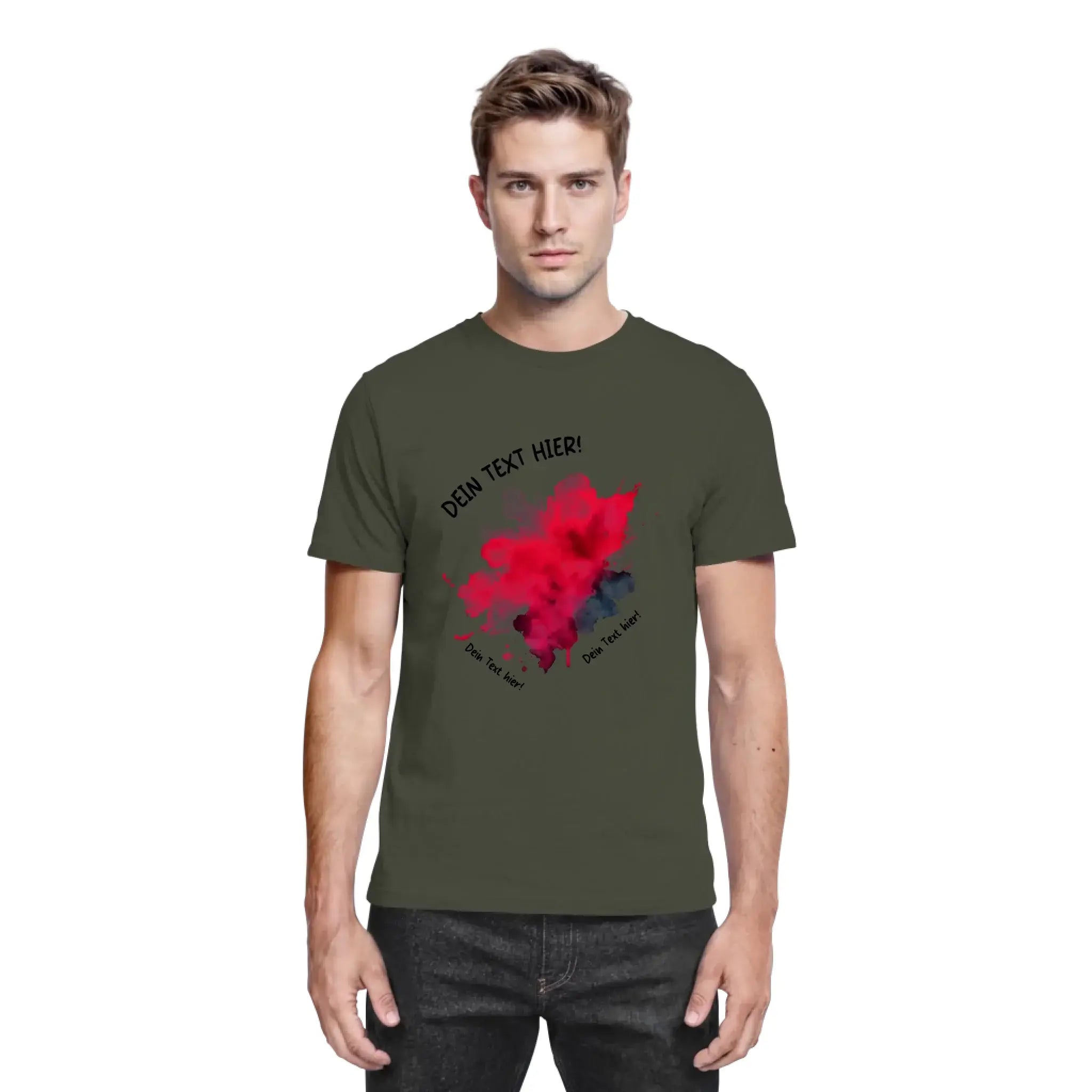 Olivegrünes baumwollshirt mit rotem und schwarzem paint splatter design aus der statement collection mit wunschtext